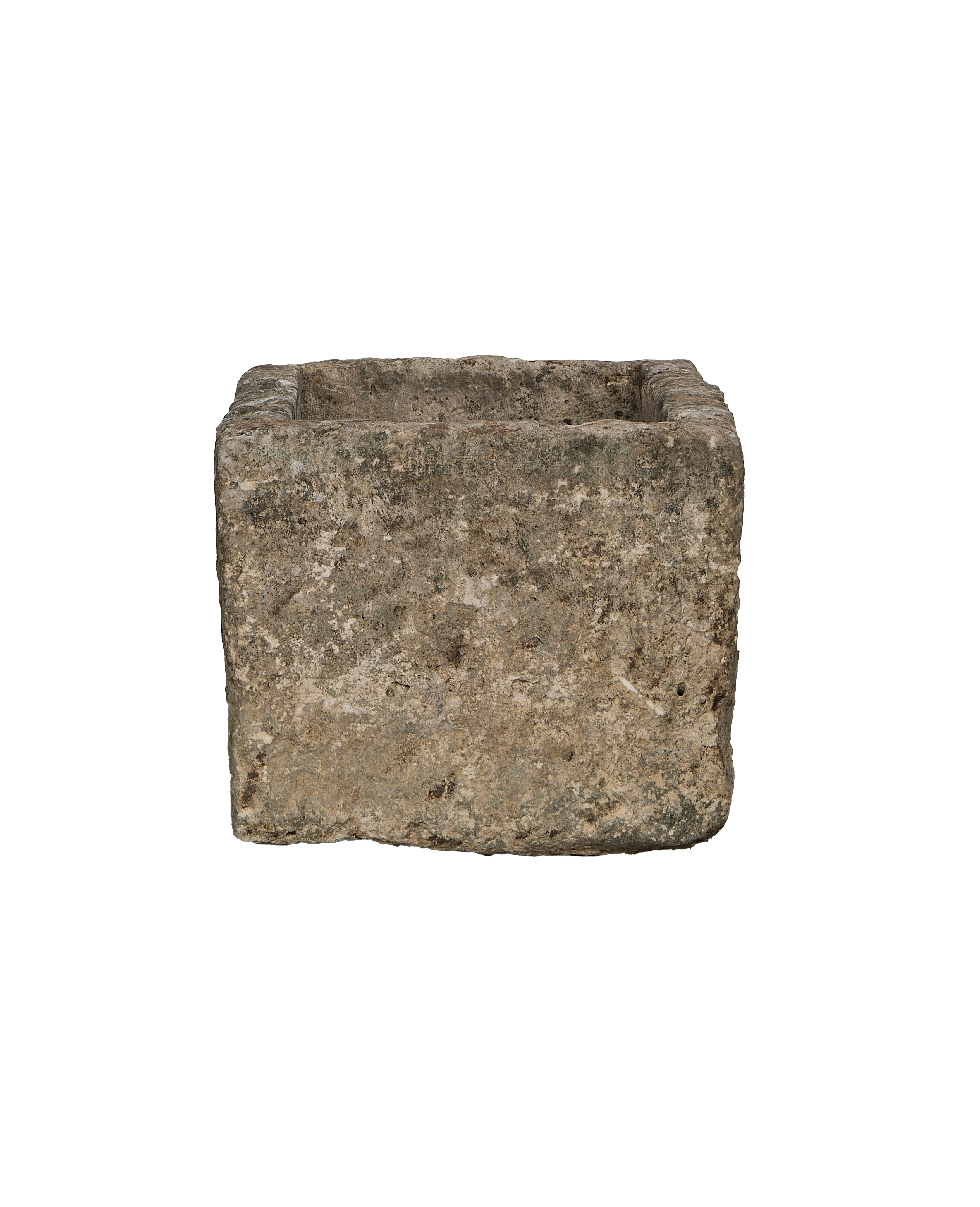 Vintage rectangular limestone trough, showing weathered texture from Indonesia, angled for detail.
