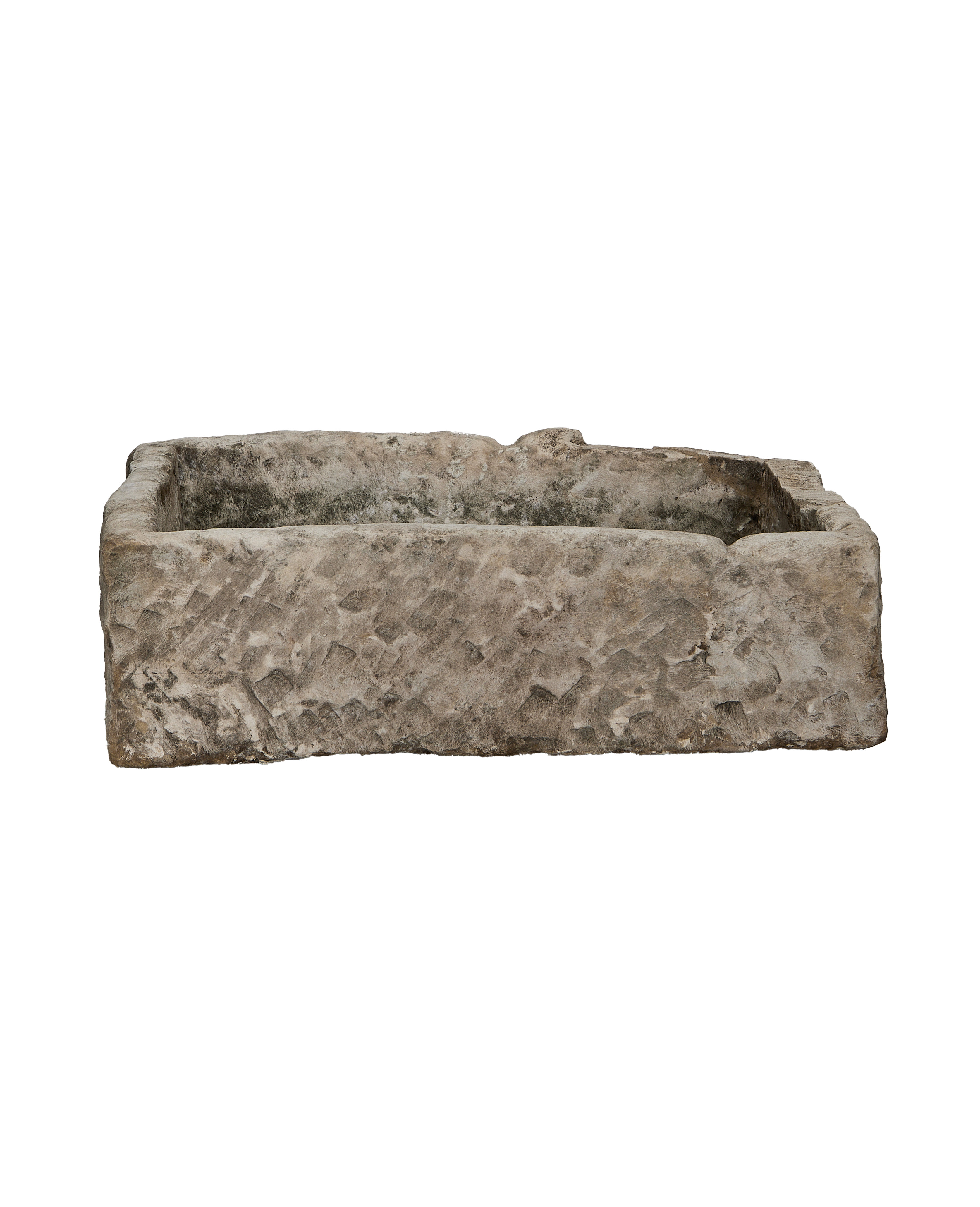 Vintage rectangular Indonesian limestone trough, OAK style, with weathered grey textured surface.
