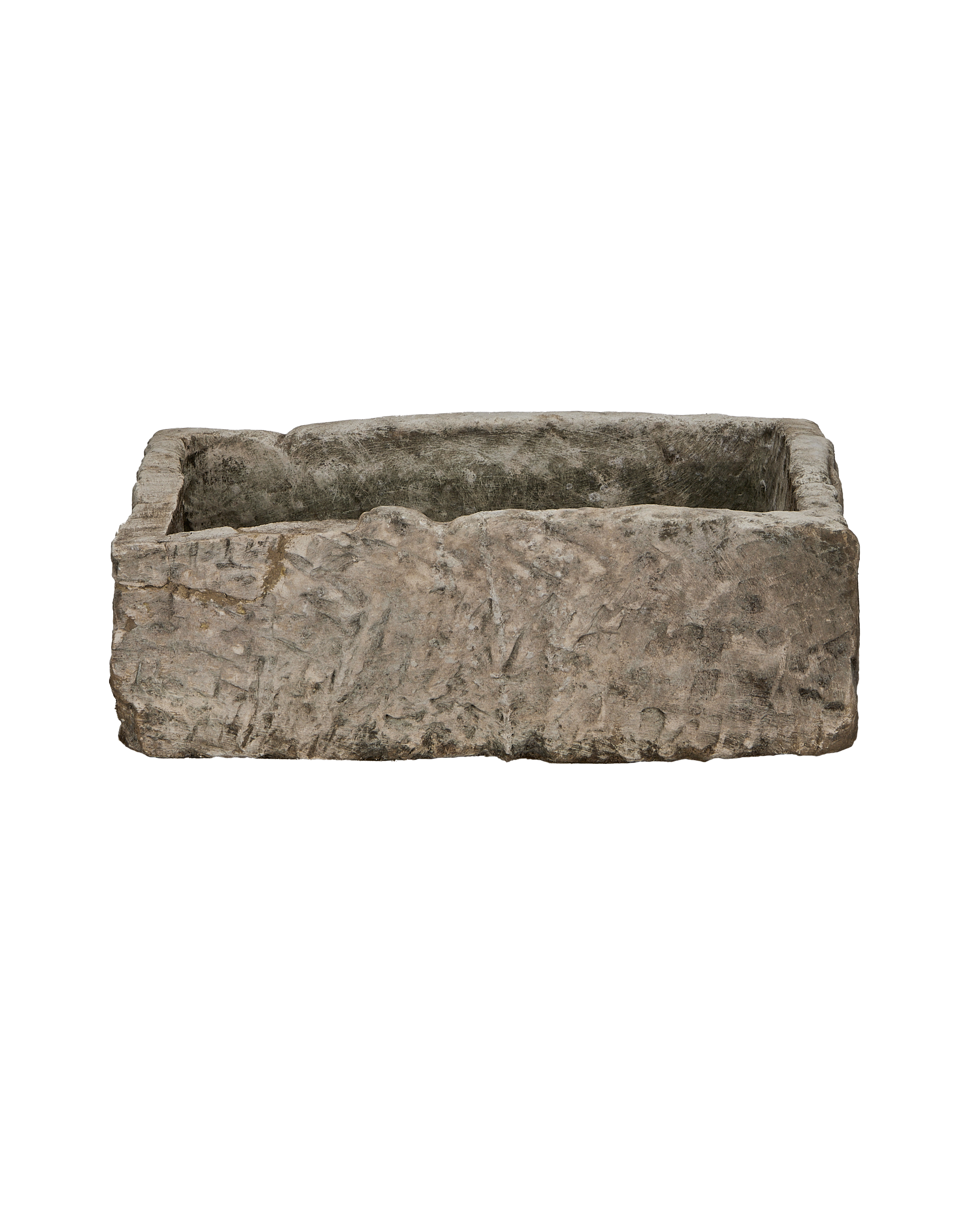 Vintage Limestone Trough, showing full length, textured exterior, and inner basin details.