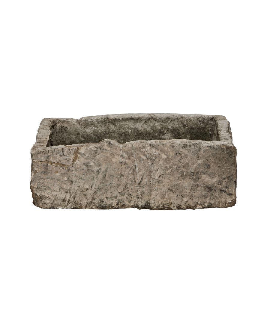 Vintage Limestone Trough, showing full length, textured exterior, and inner basin details.