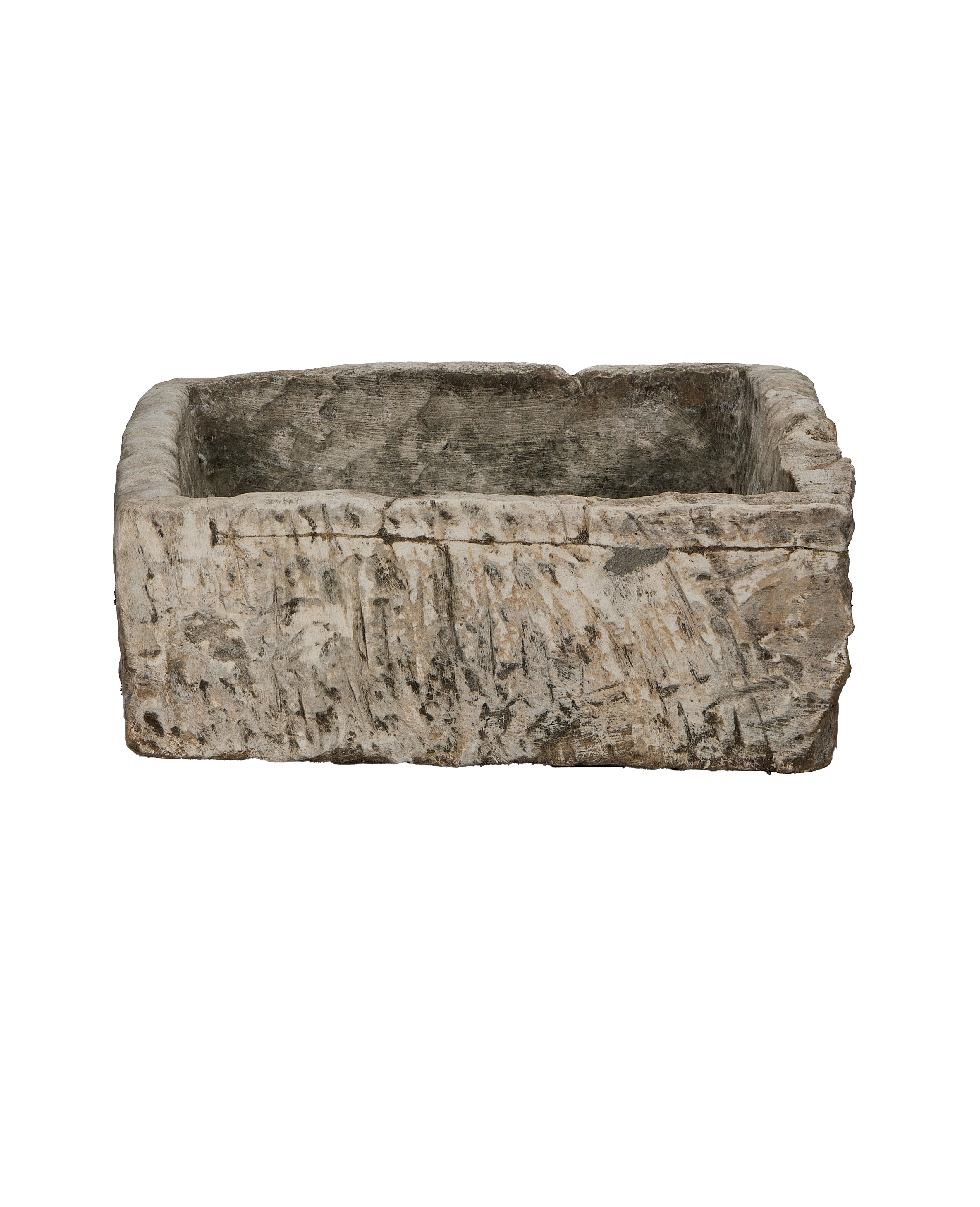 Vintage Indonesian limestone trough, OAK rectangle, top-down view showing interior texture.