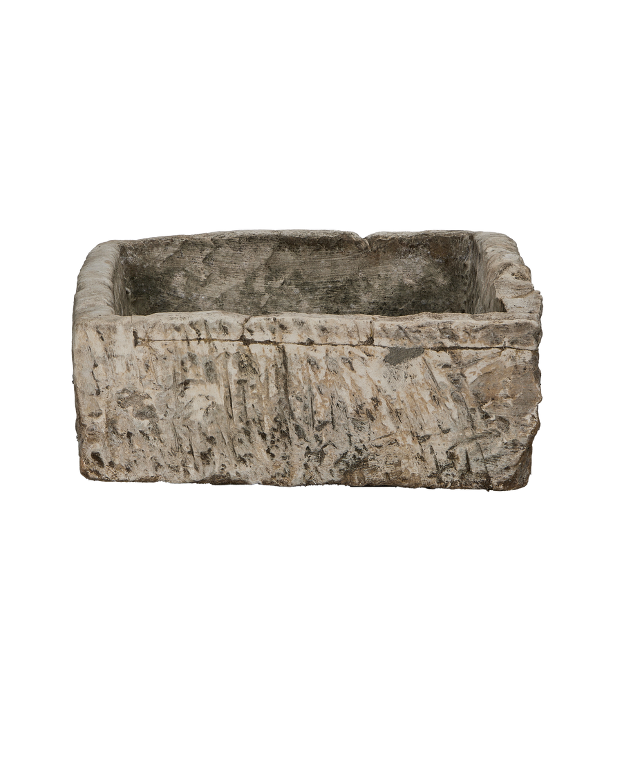 Vintage Indonesian limestone trough, OAK rectangle, top-down view showing interior texture.