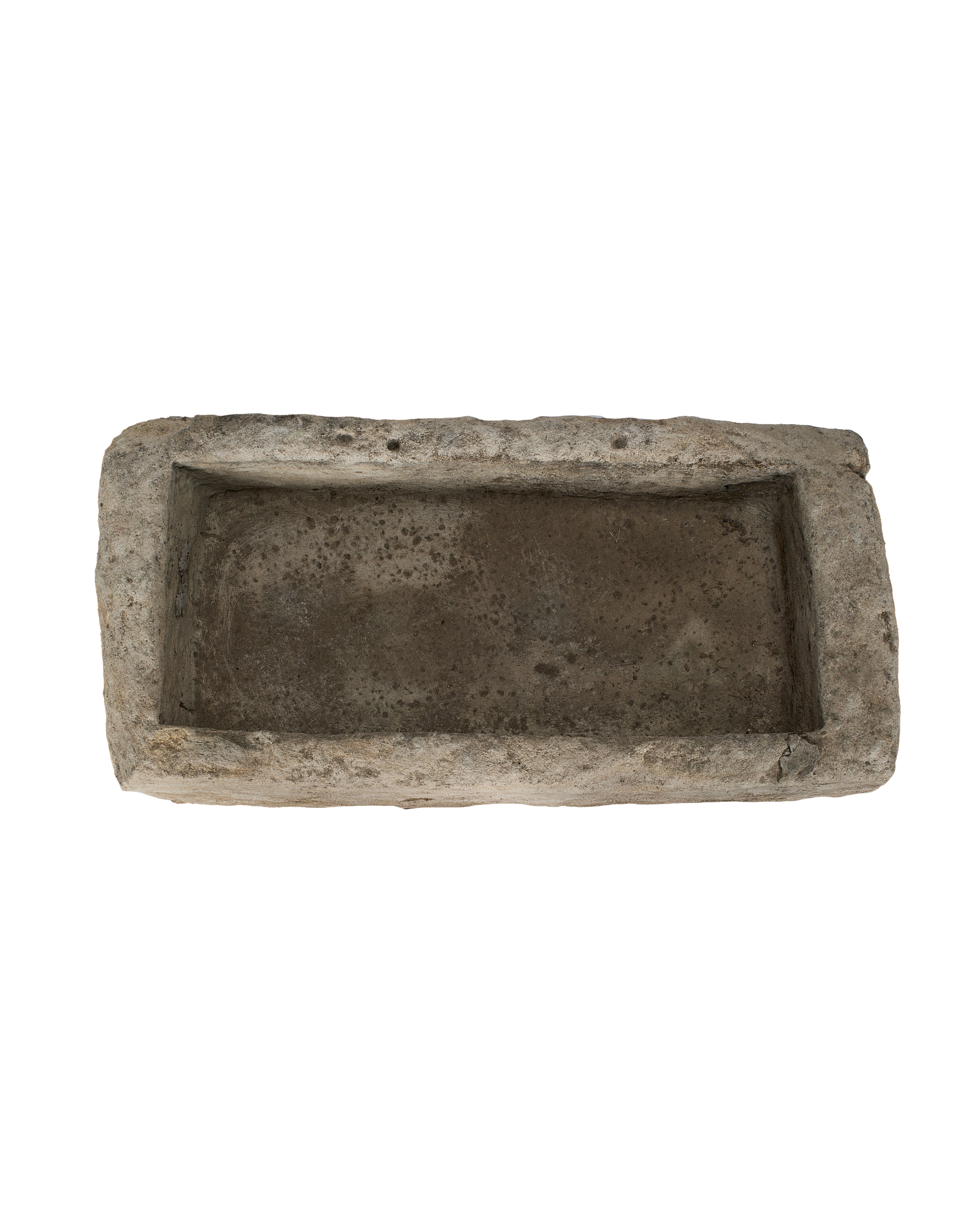Vintage rectangular limestone trough, top view with distressed texture and aged patination.