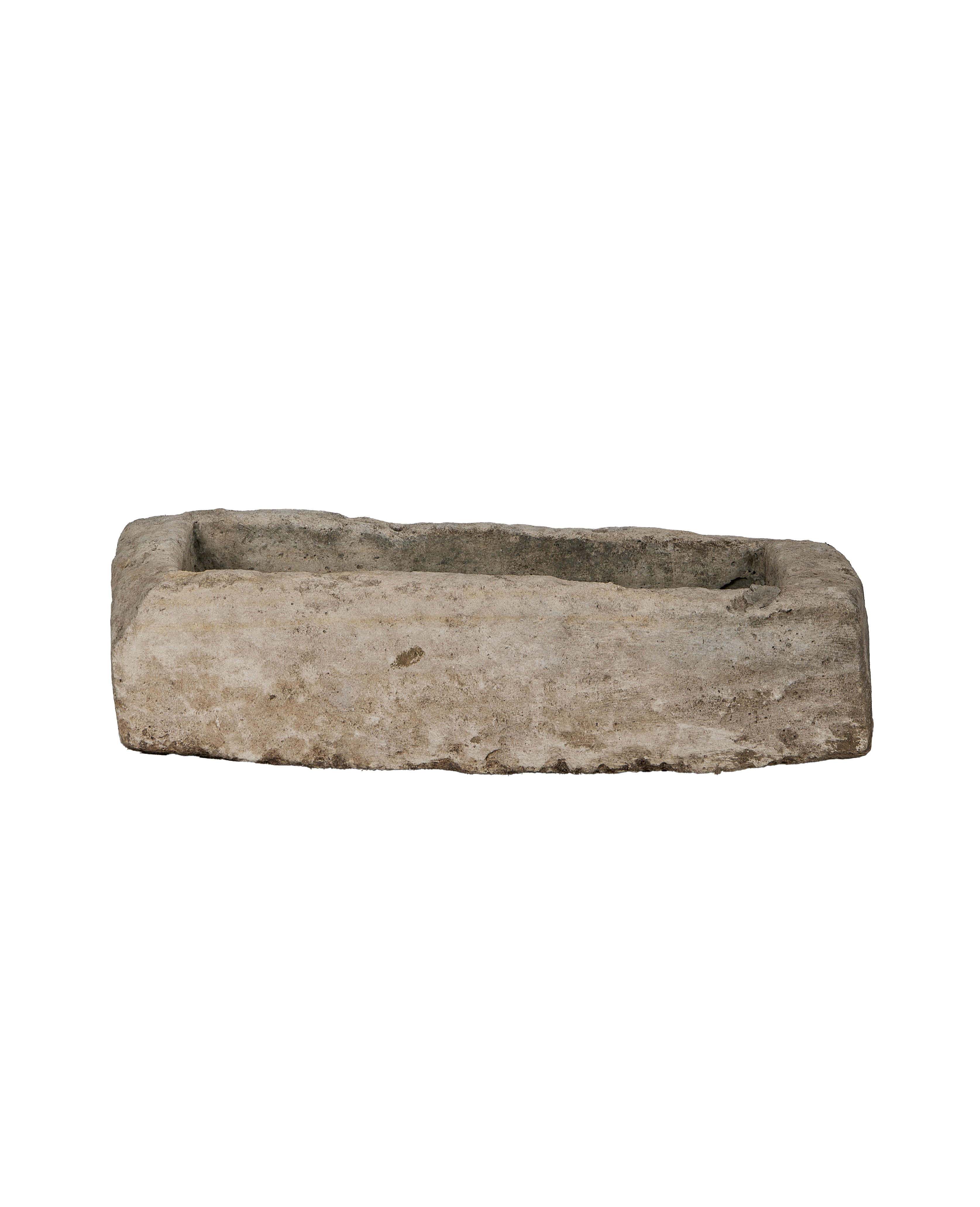 Vintage rectangular limestone trough, weathered gray, from Indonesia, top-down view.