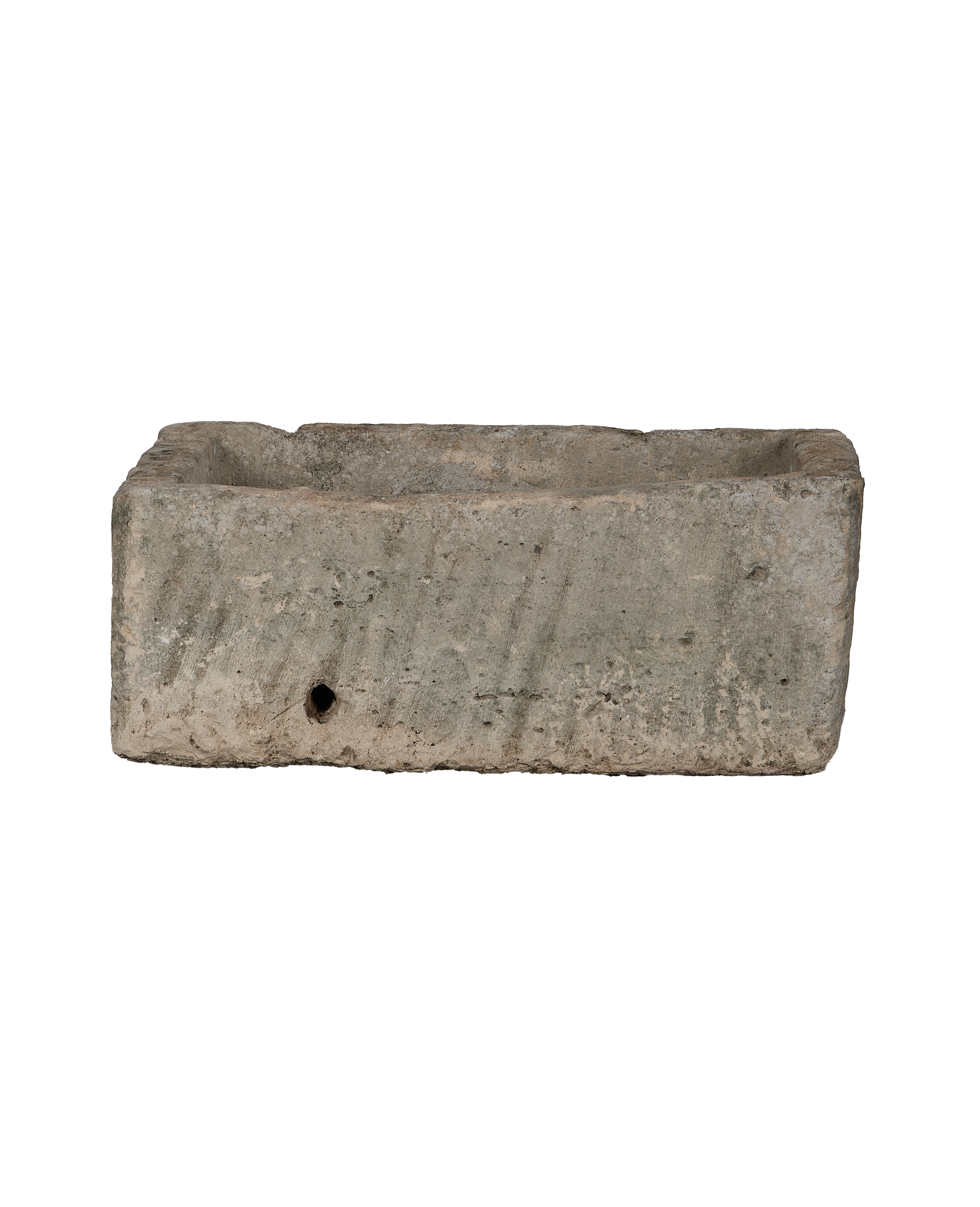Vintage rectangular Indonesian limestone trough, grey-mottled texture, worn condition, drainage hole visible.