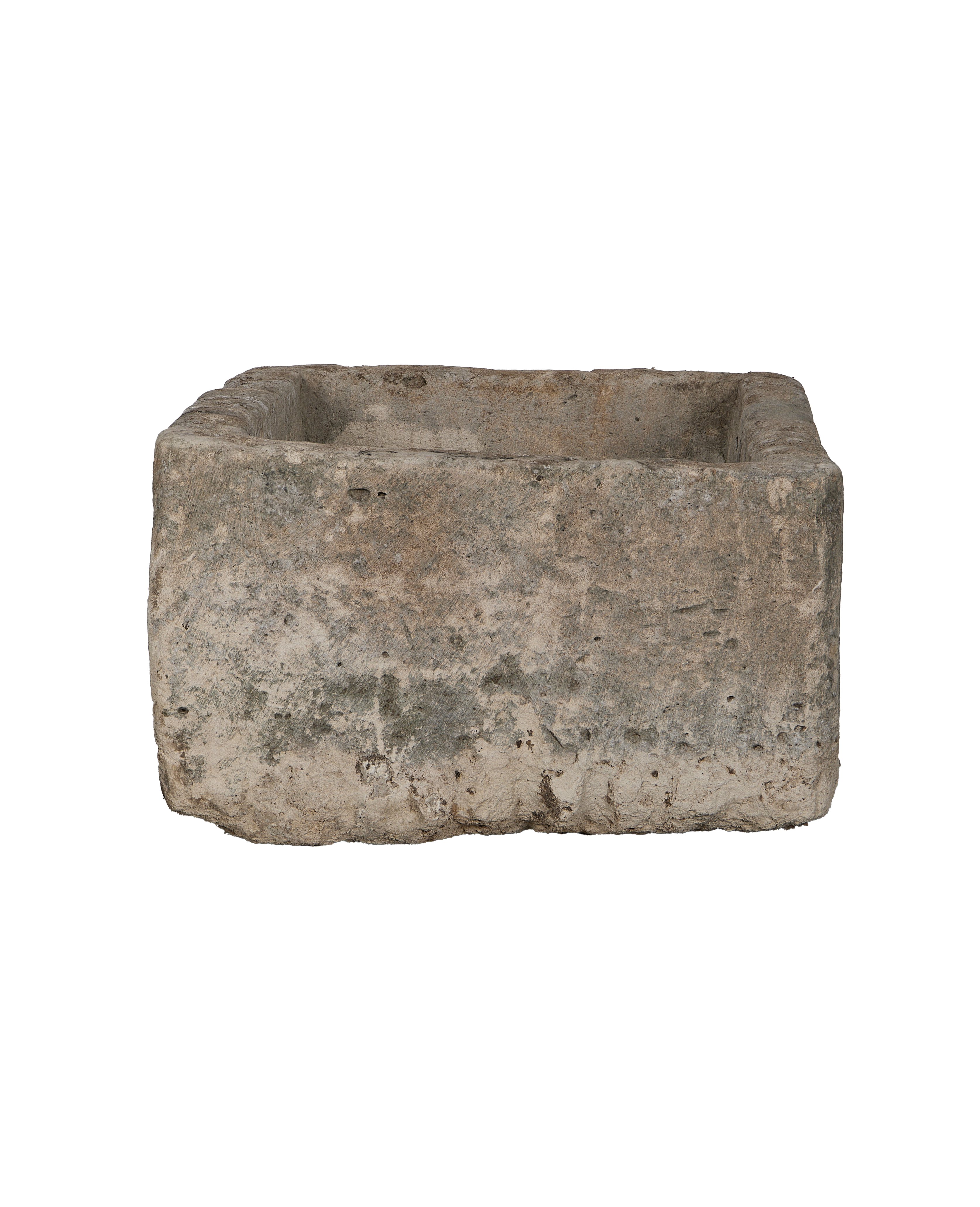 Vintage Indonesian limestone trough, rectangular, close-up texture, slightly weathered exterior.
