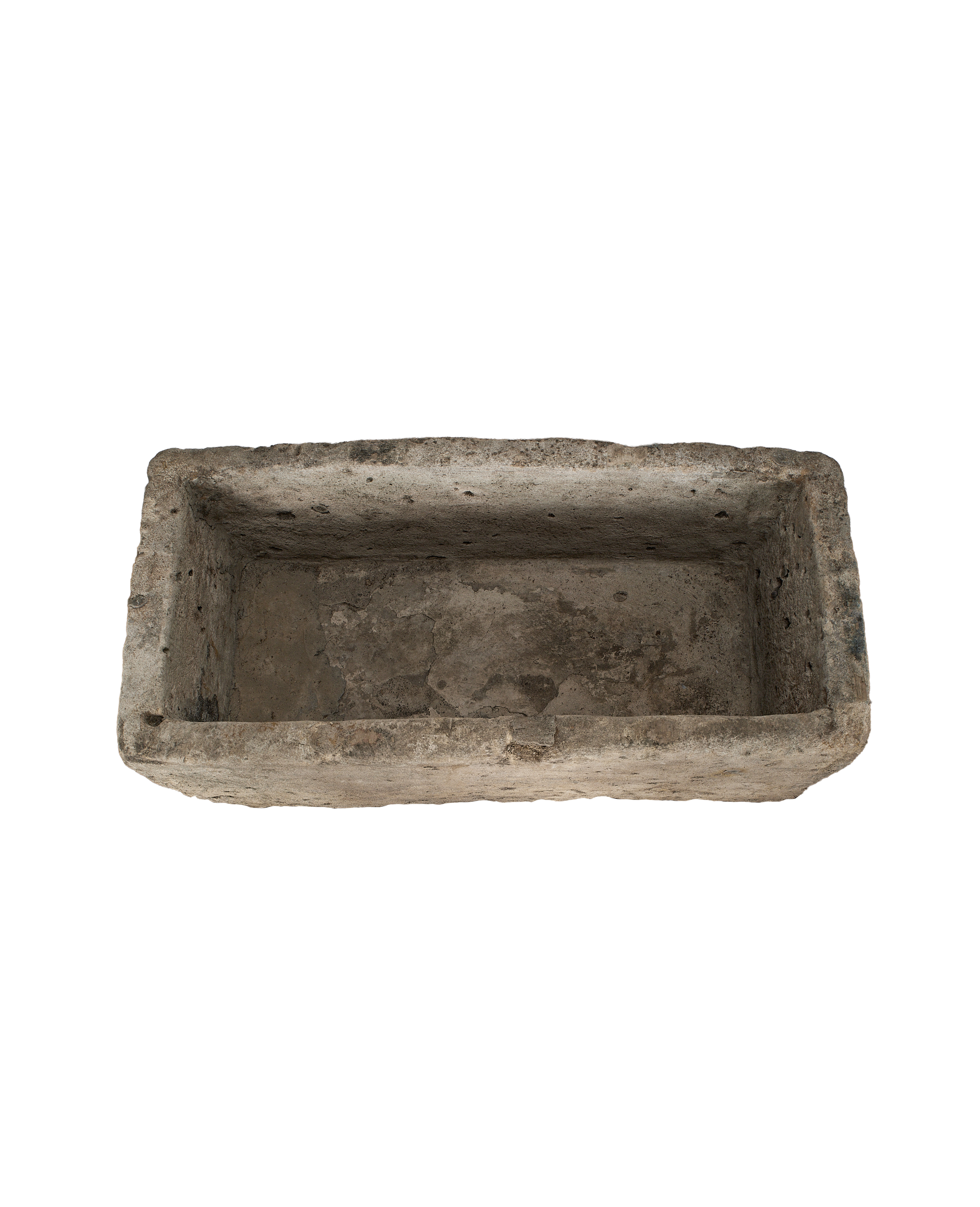 Vintage Indonesian rectangular limestone trough, top-down view highlighting weathered interior texture.