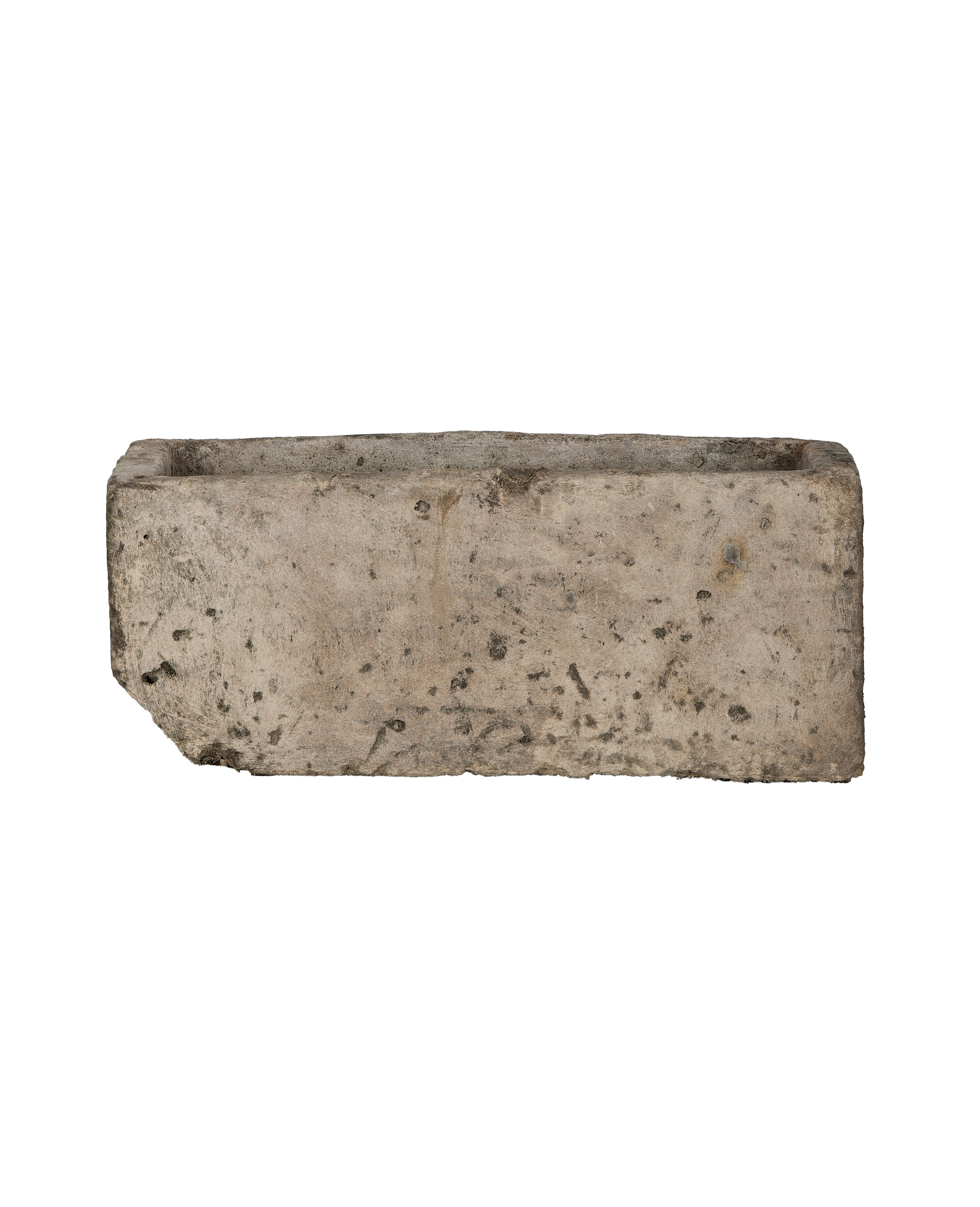 Vintage rectangular limestone trough, weathered gray, for garden or home.