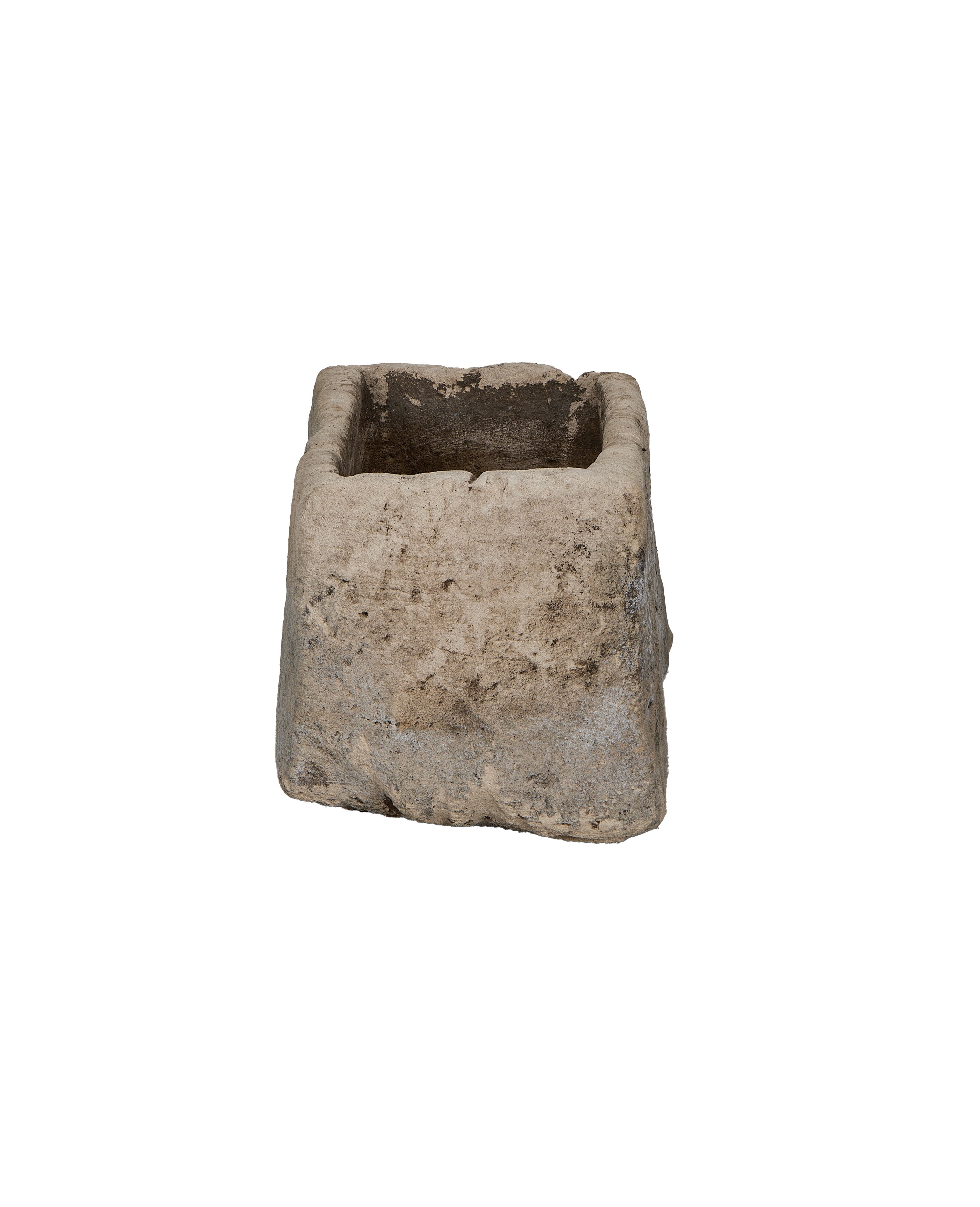 Vintage Indonesian limestone trough, rectangular, showcasing its weathered texture and sturdy OAK construction.