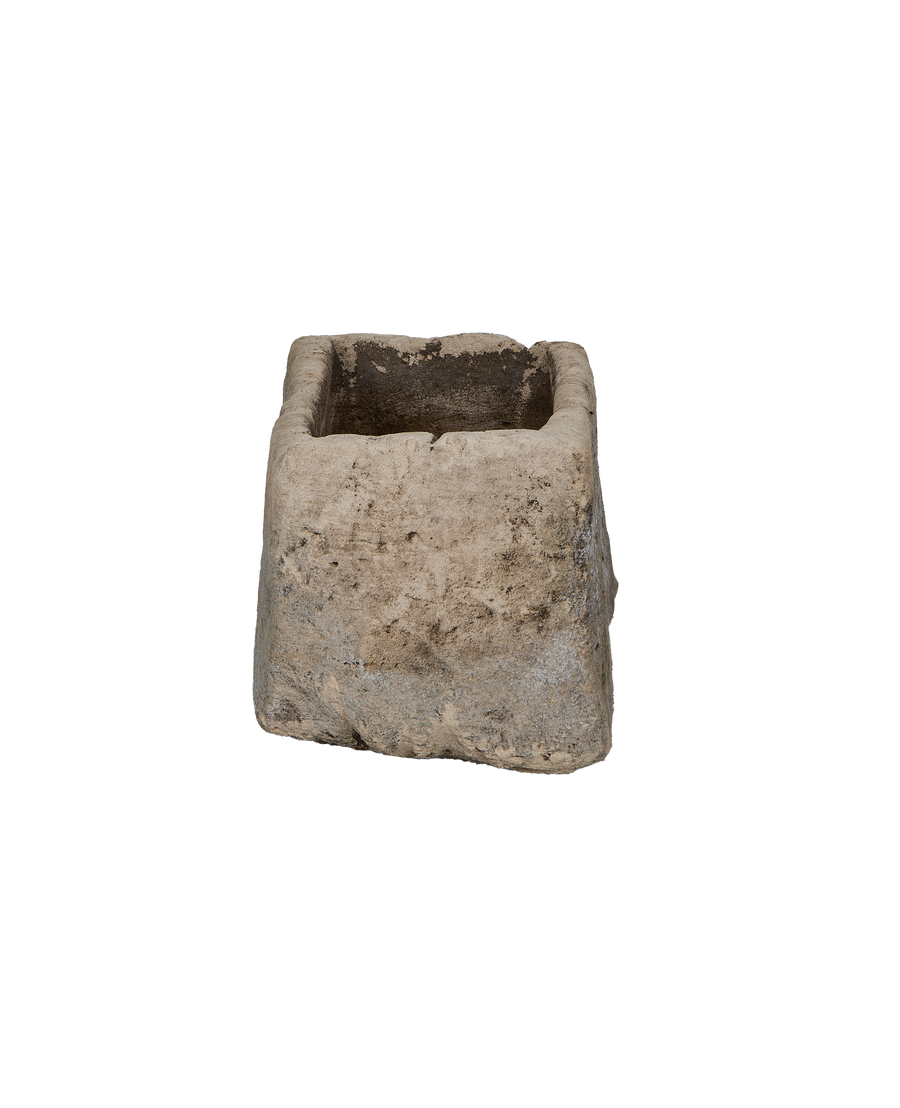 Vintage Indonesian limestone trough, rectangular, showcasing its weathered texture and sturdy OAK construction.