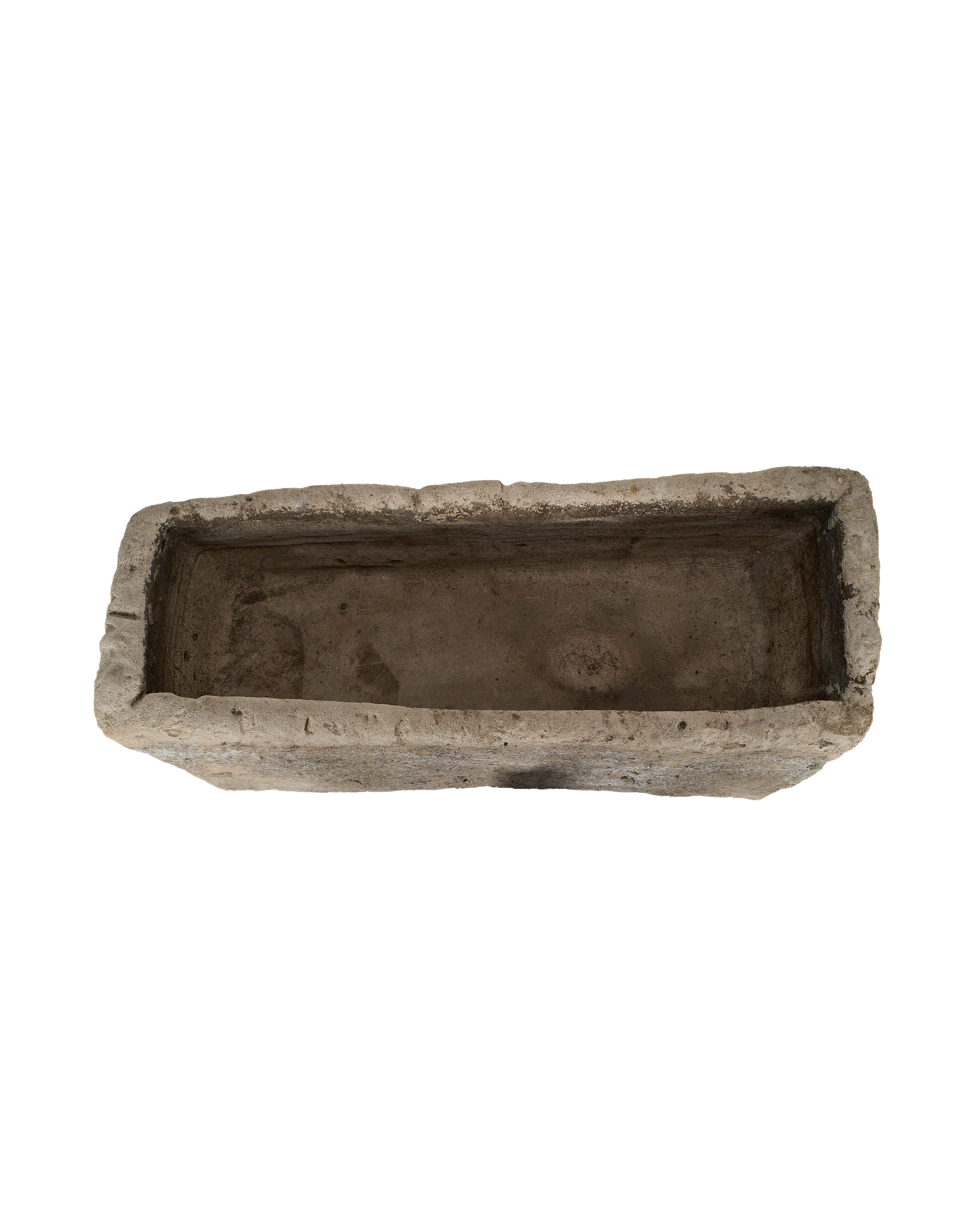 Vintage Indonesian rectangular limestone trough, top-down view showing interior depth and rough-hewn texture.