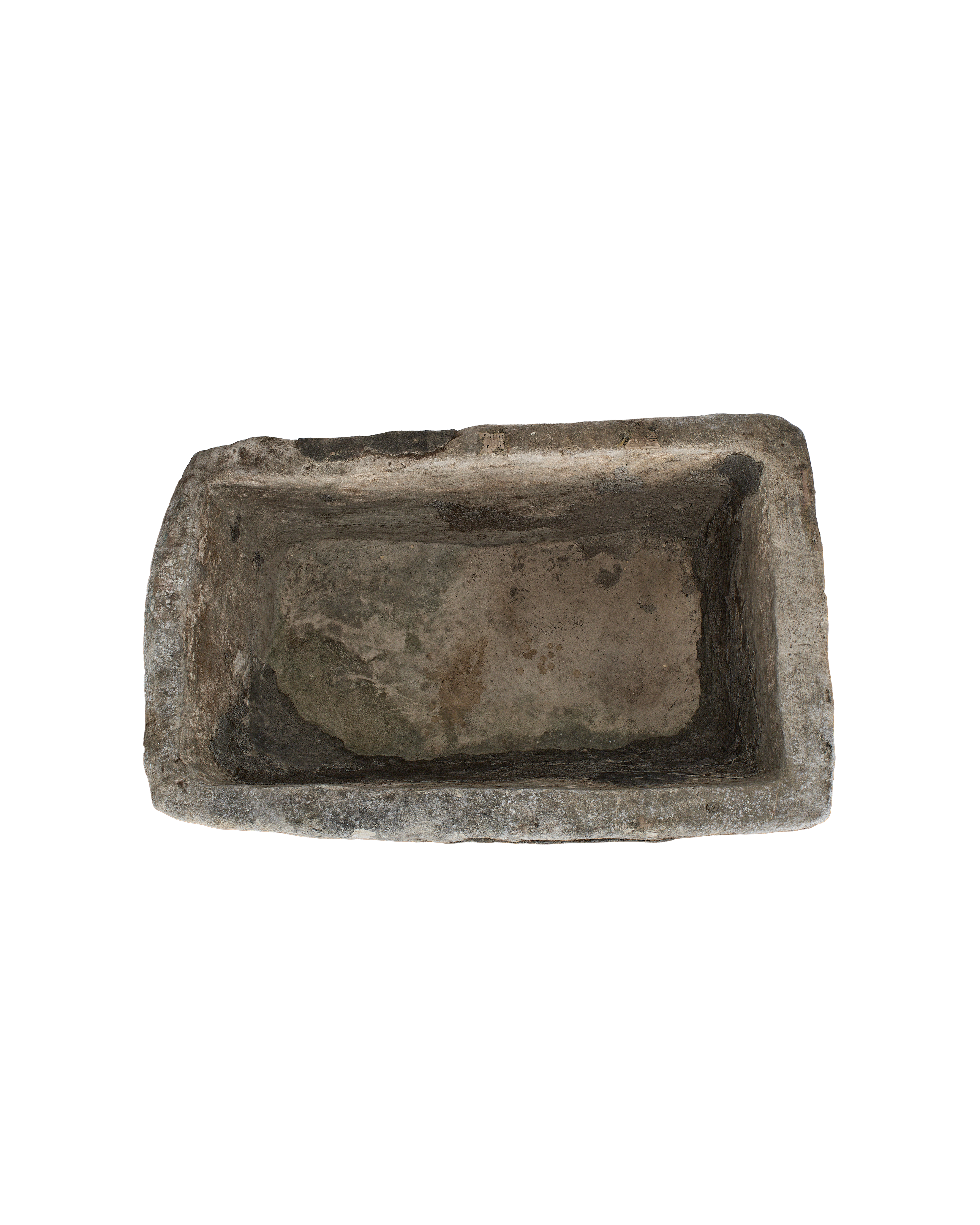 Vintage Indonesian rectagular limestone trough, top-down view showing interior patina and worn edges.