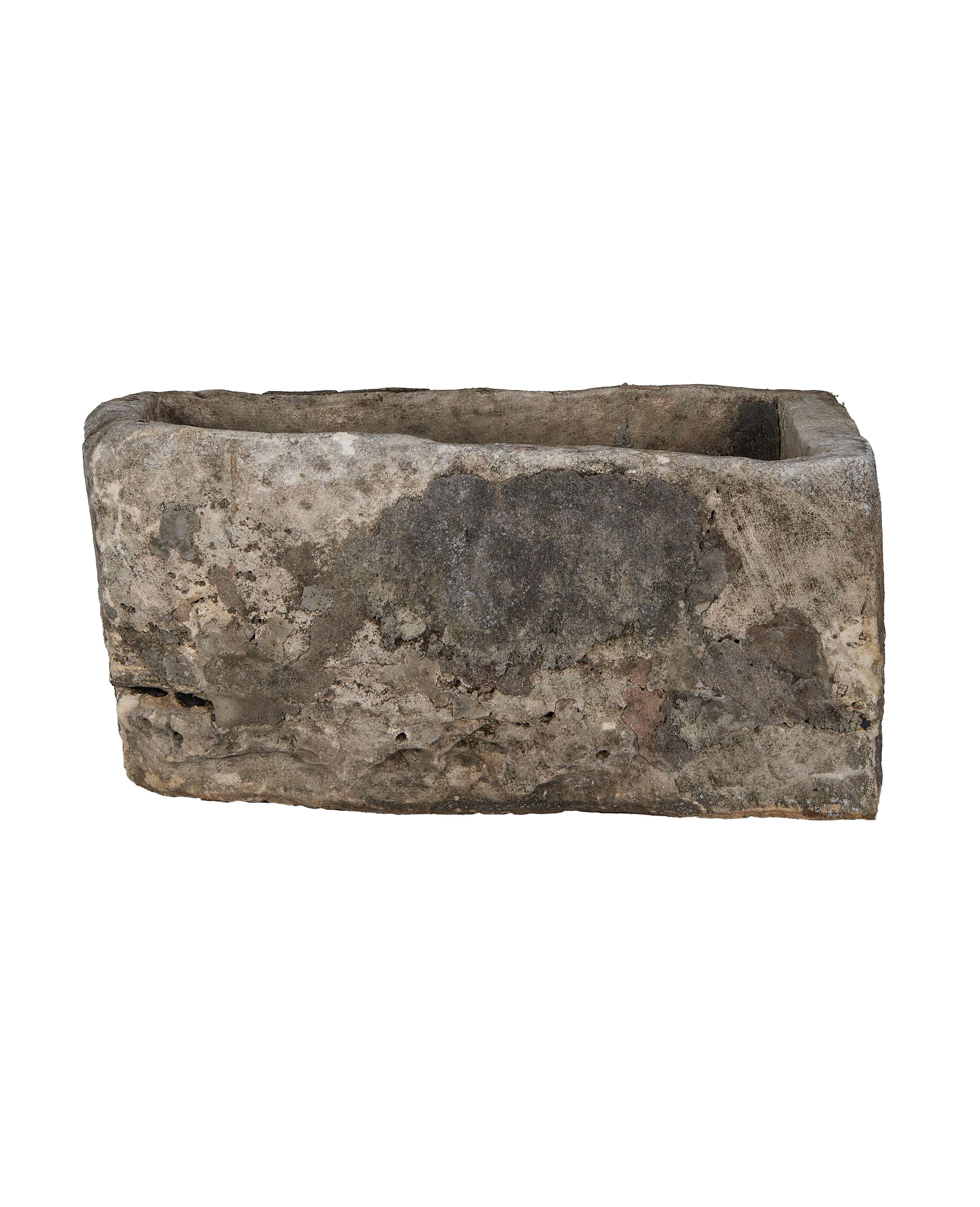 Vintage Indonesian limestone trough, rectangular, weathered gray with rough texture.