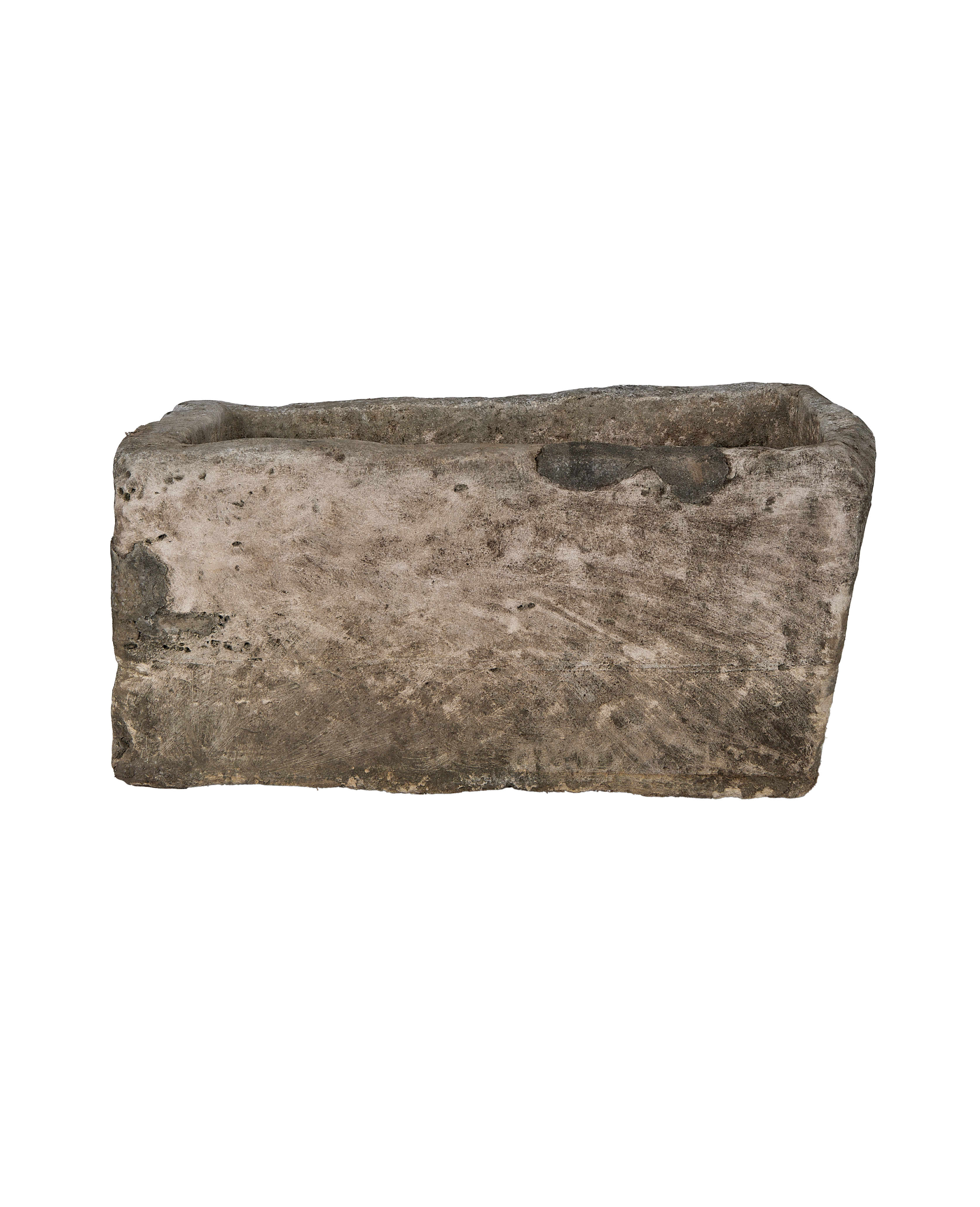 Vintage rectangular limestone trough, weathered gray texture on the side, Indonesia origin.