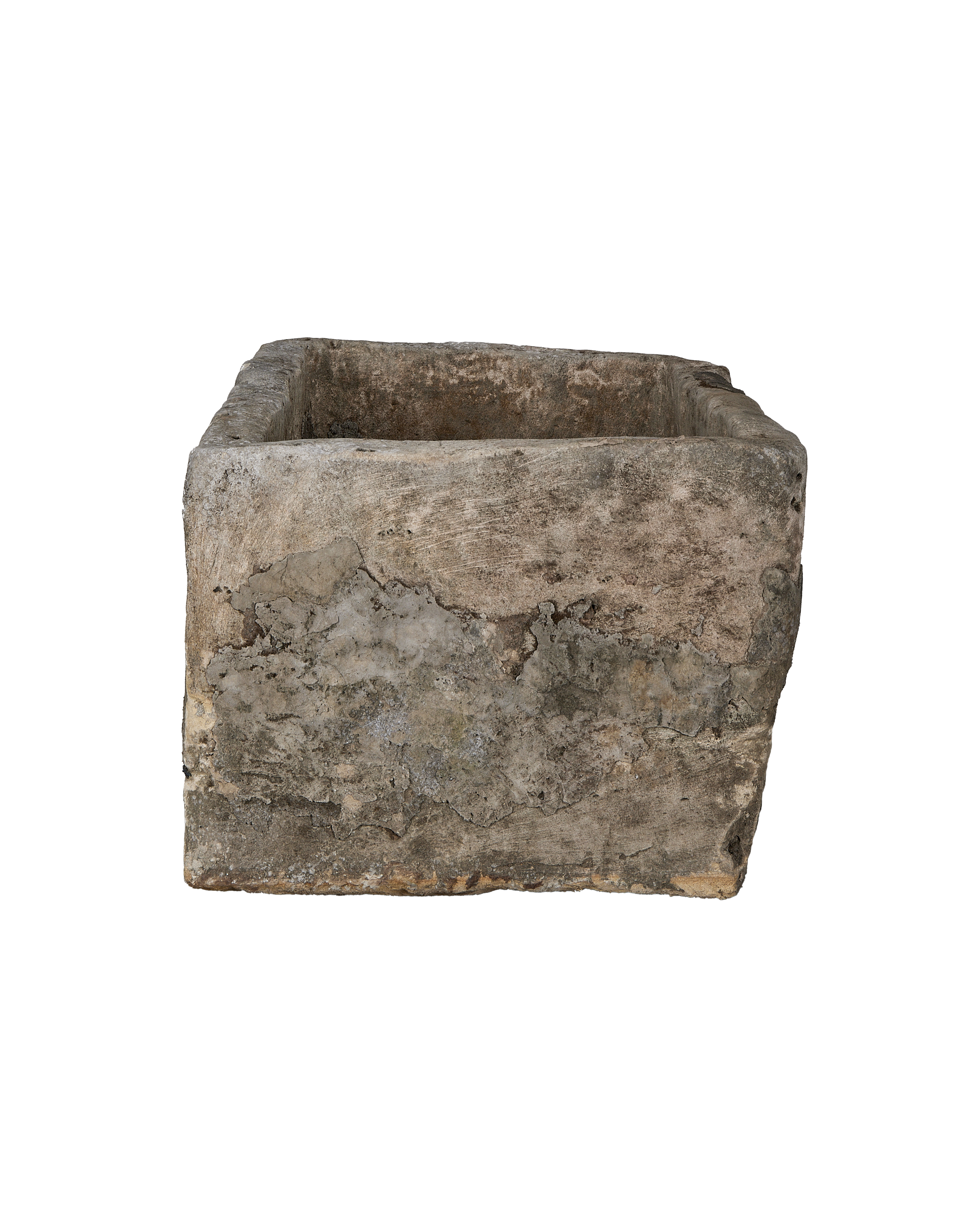Vintage Indonesian rectangular limestone trough, detailed weathered texture and unique organic imperfections.