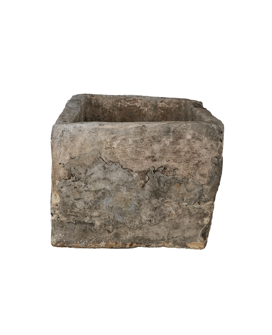 Vintage Indonesian rectangular limestone trough, detailed weathered texture and unique organic imperfections.