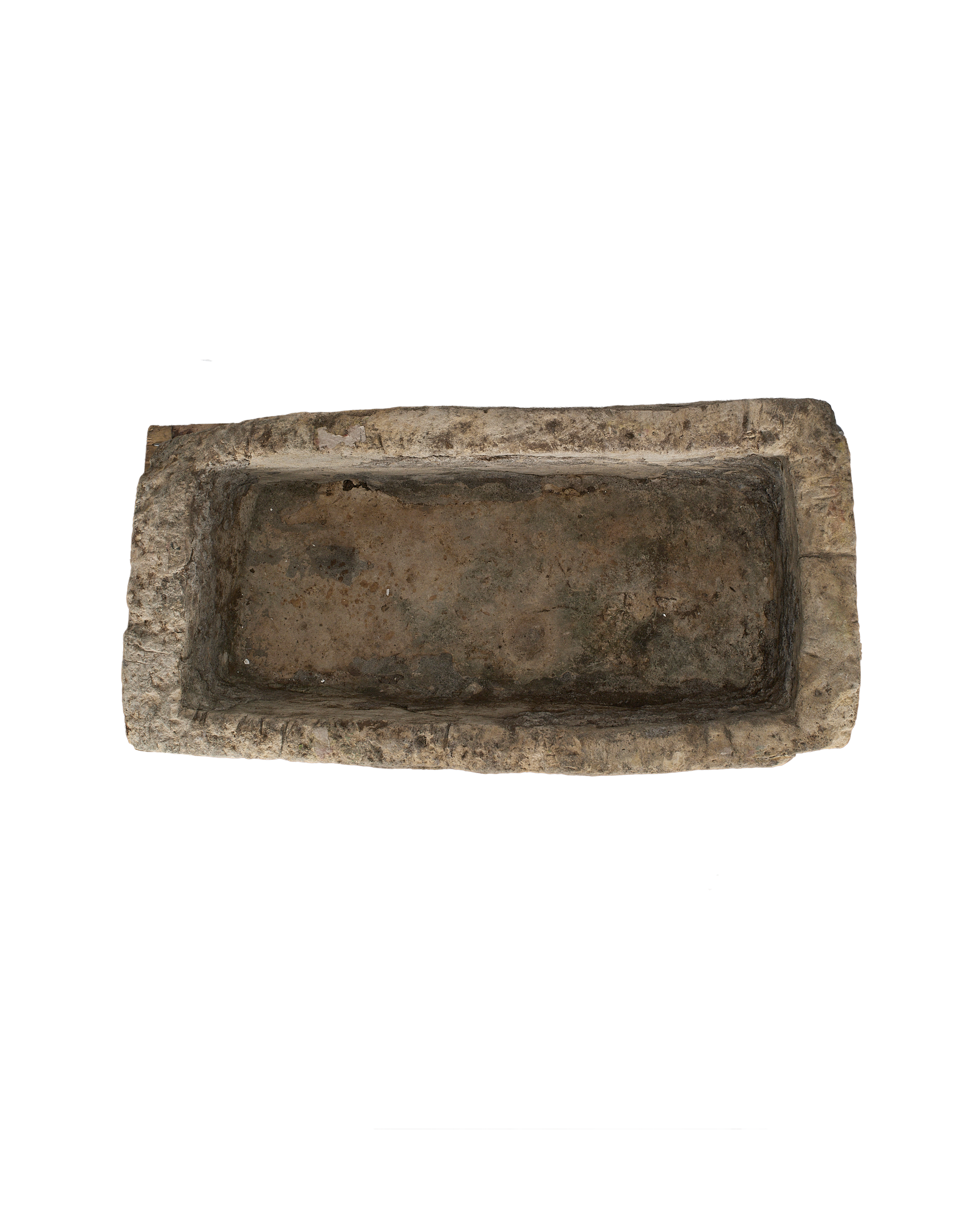 Vintage Indonesian rectangular limestone trough, rustic texture, dark interior, showing complete top view.