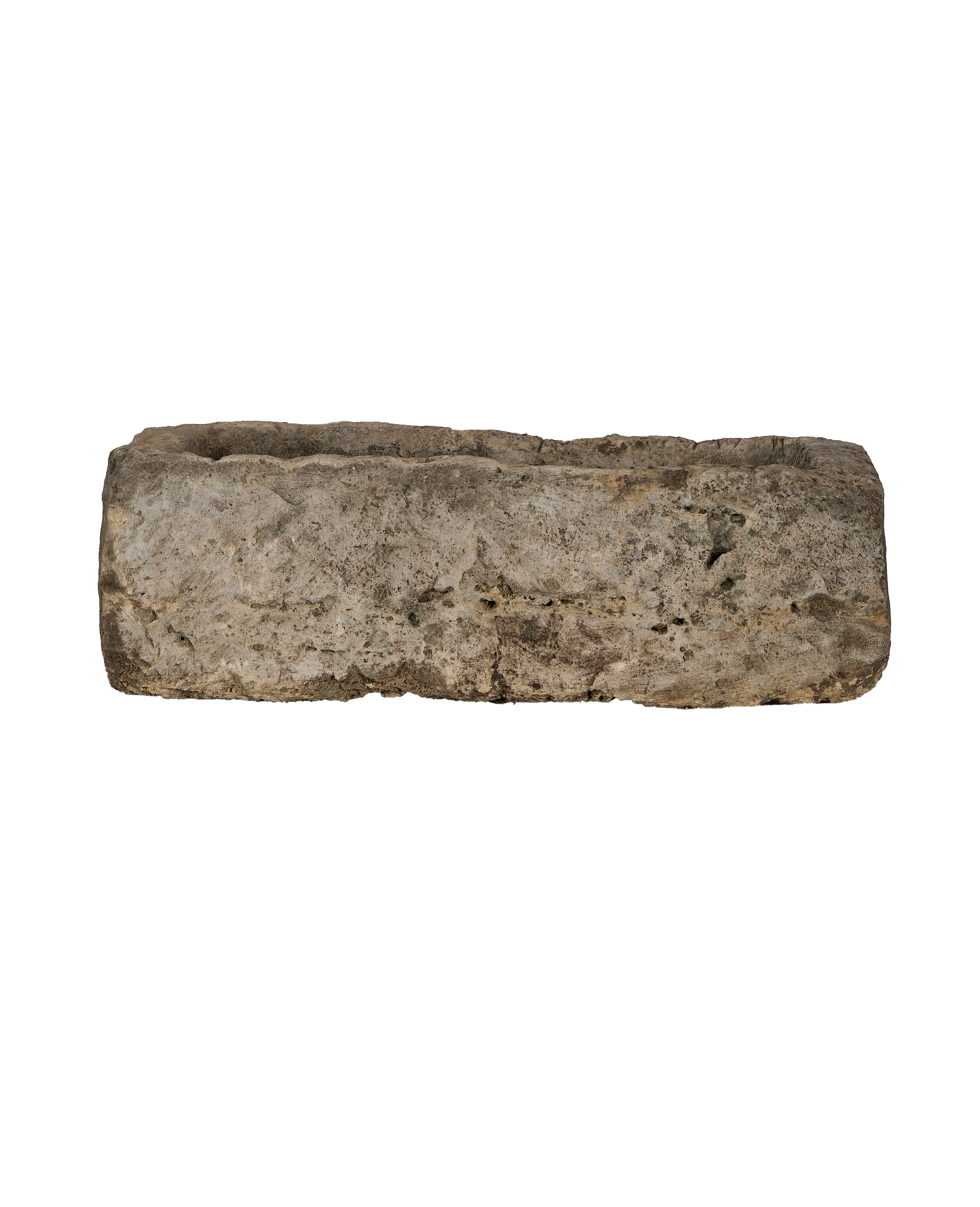 Vintage Indonesian limestone trough (rectangular, OAK finish) revealing side texture and aged patina.