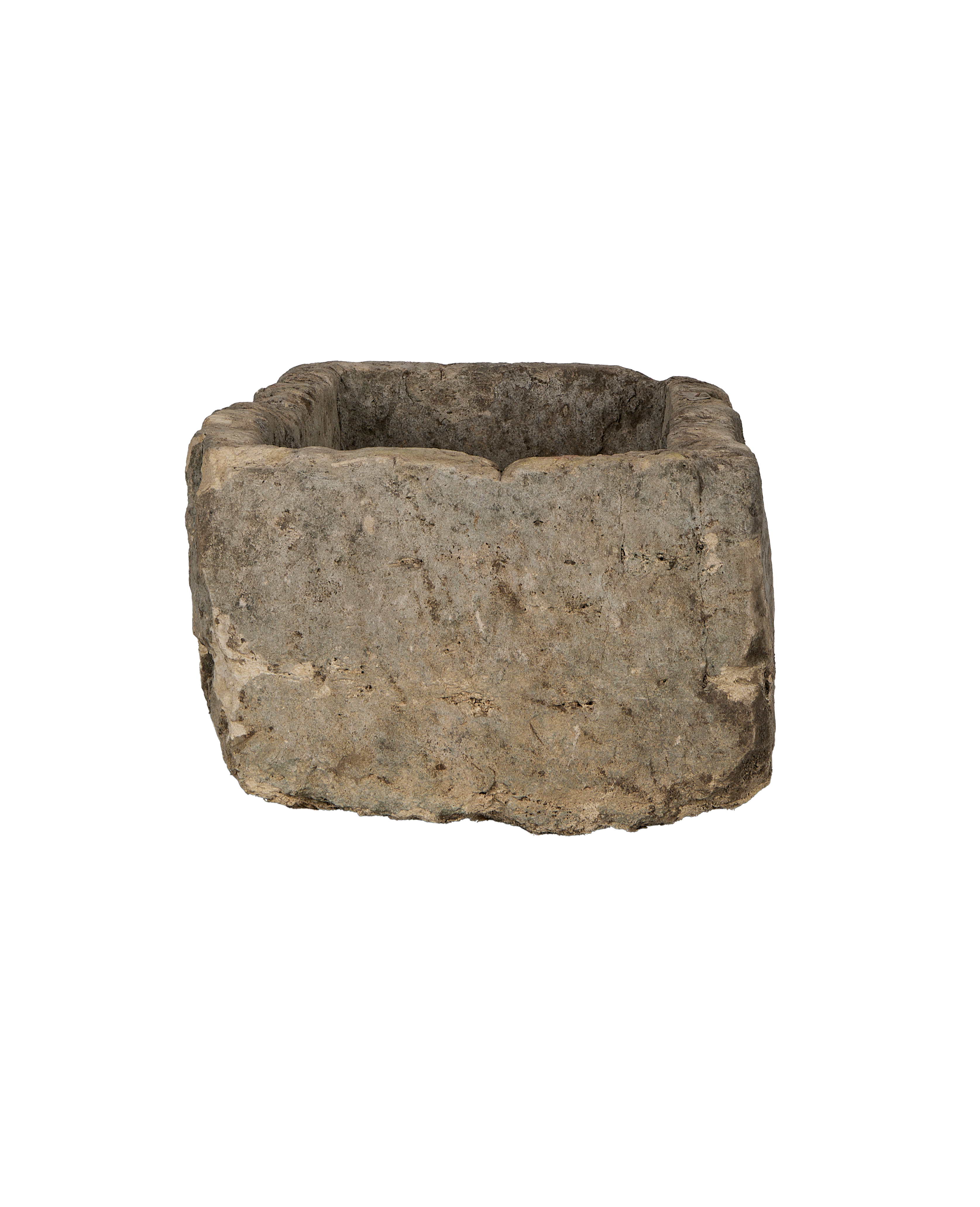 Vintage rectangular Indonesian oak limestone trough, weathered gray texture on exterior.