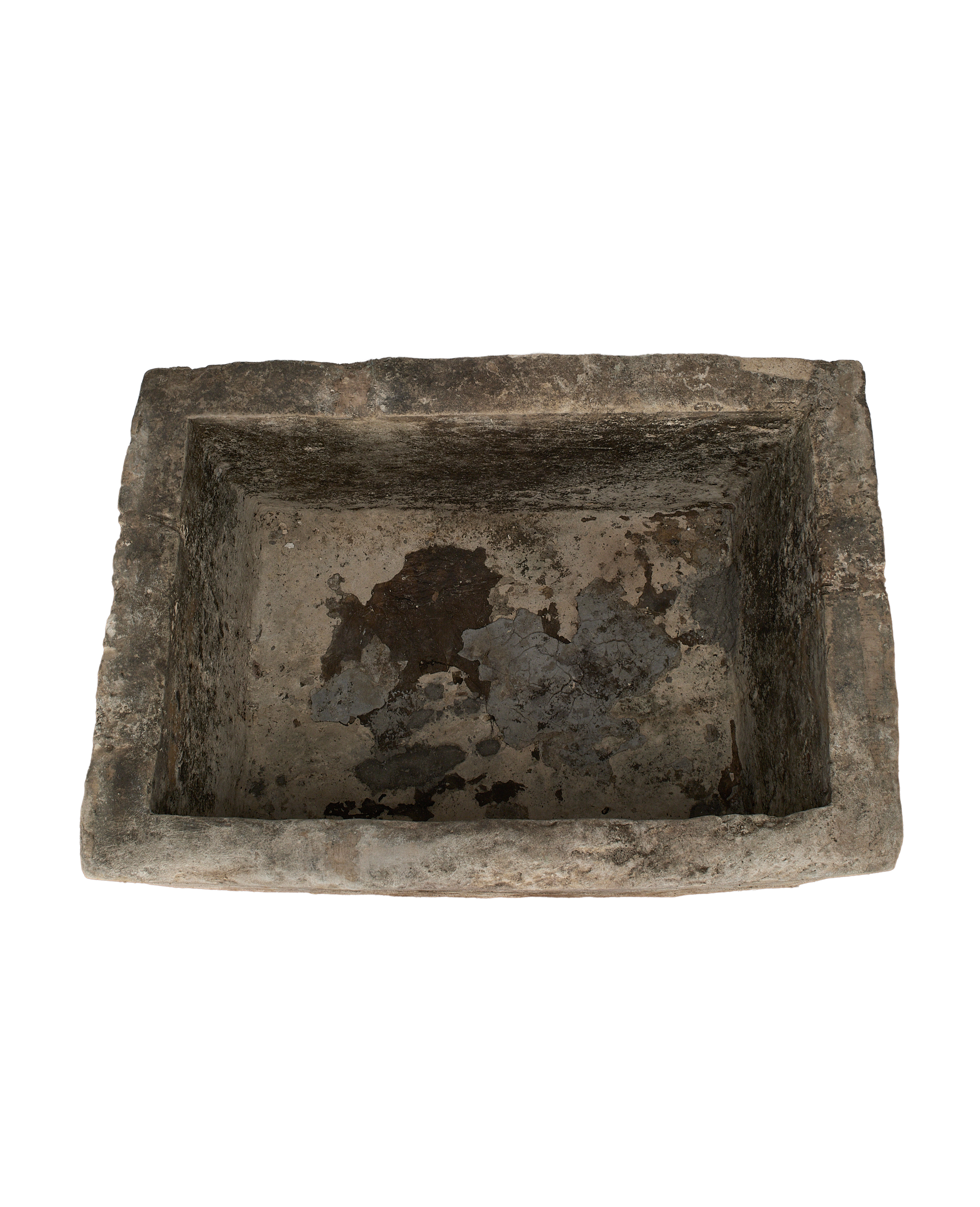 Vintage Indonesian rectangular limestone trough, top view revealing weathered interior patina and texture.