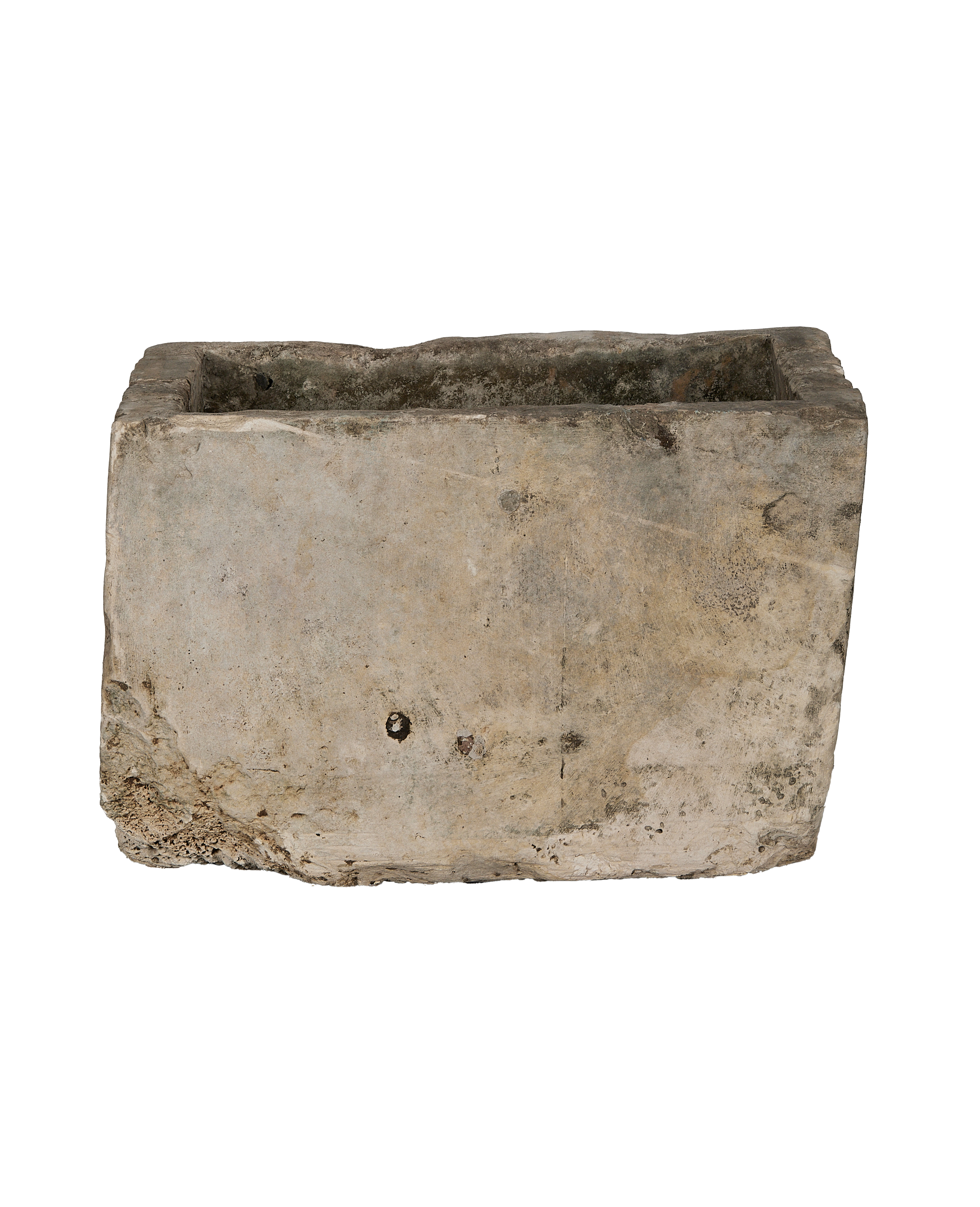 Vintage Indonesian limestone trough, rectangular, OAK, with rugged and weathered surface texture.