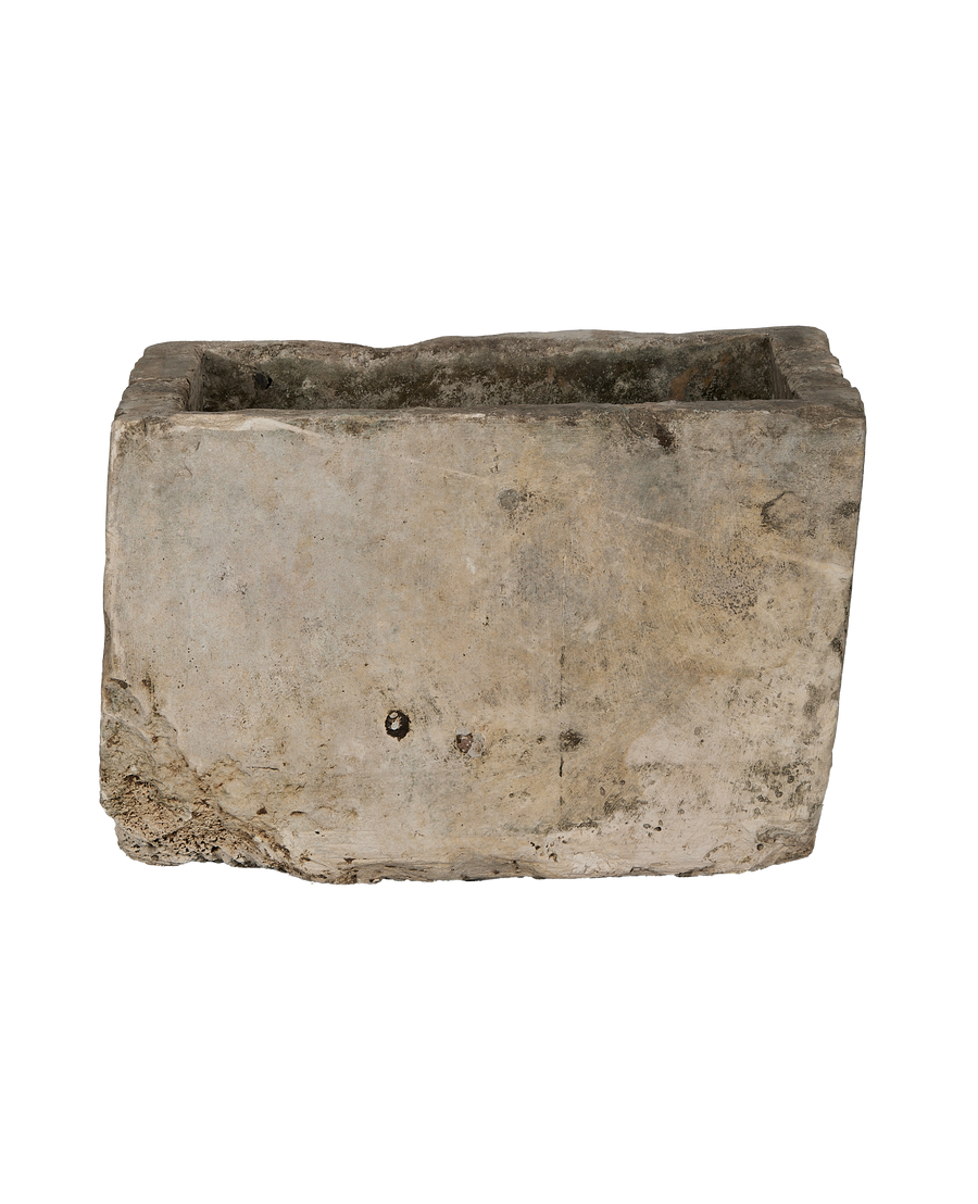 Vintage Indonesian limestone trough, rectangular, OAK, with rugged and weathered surface texture.