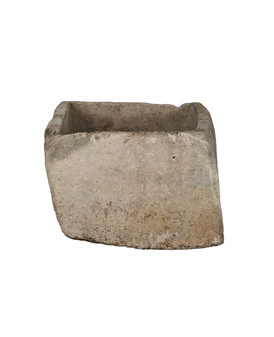 Vintage Limestone Trough, rectangular, showing rough textured exterior and rugged rim details.