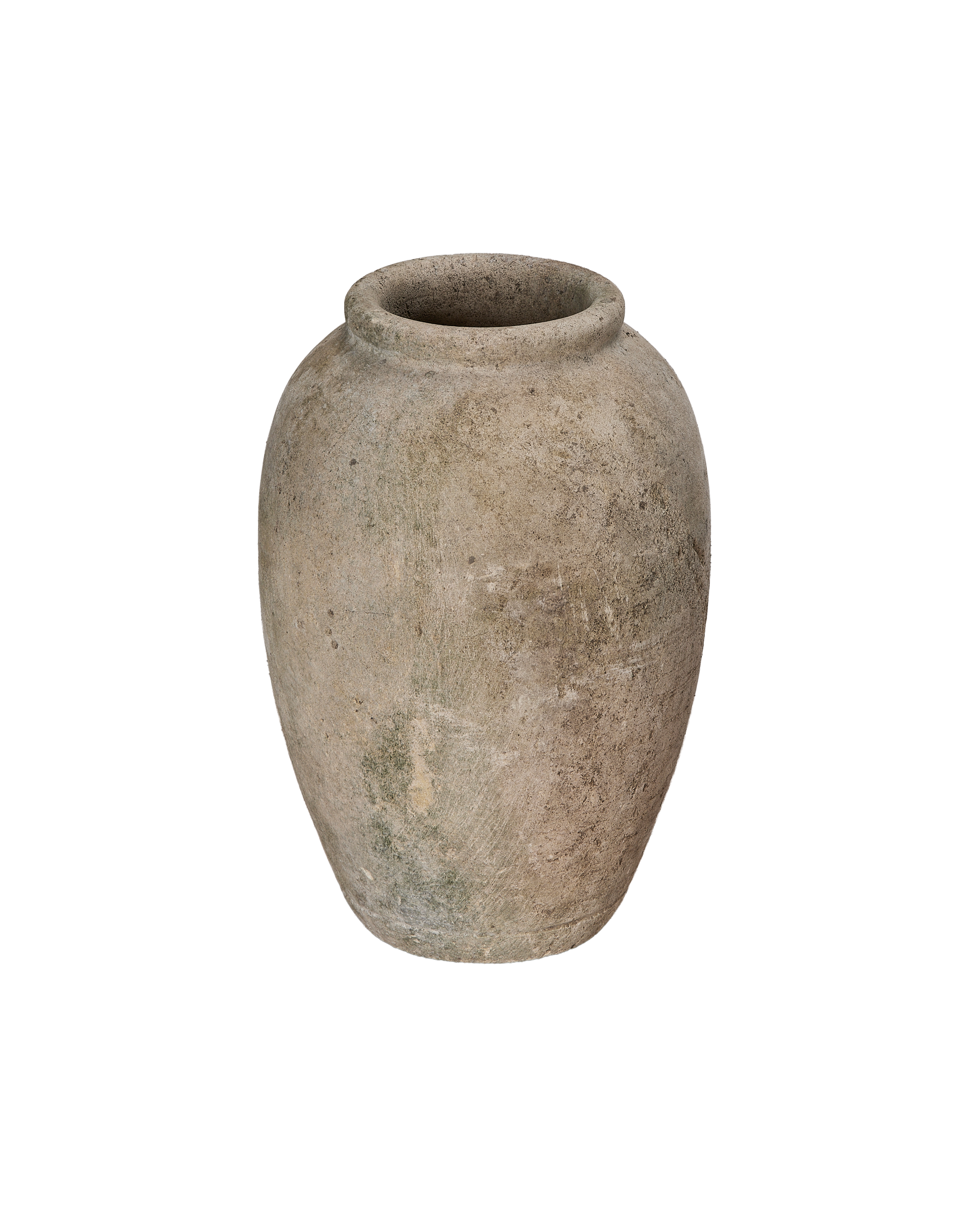 Vintage Indonesian stone vase with textured, weathered surface and subtle green patina.