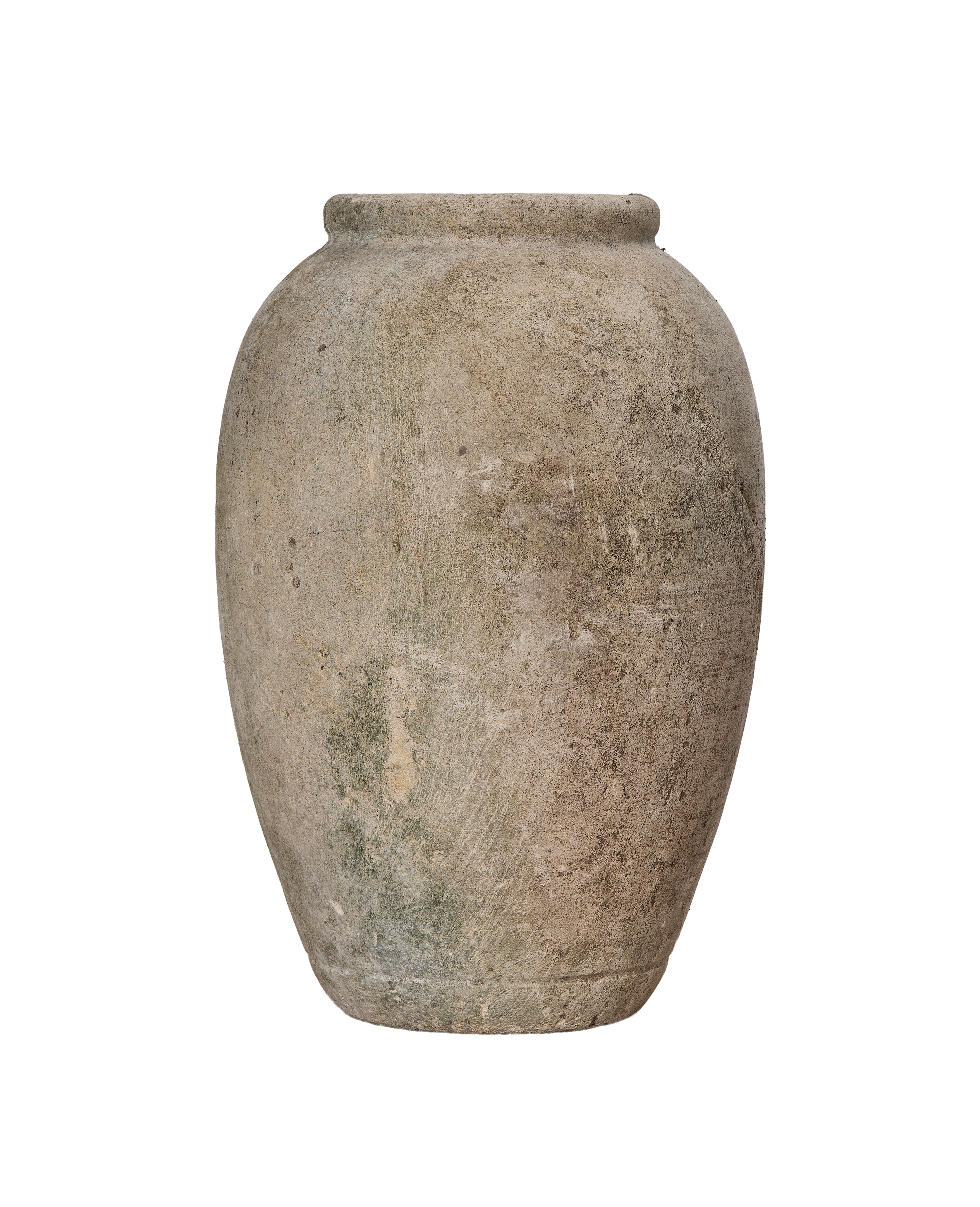 Vintage Indonesian stone vase with weathered, textured surface and mossy patina, full view.