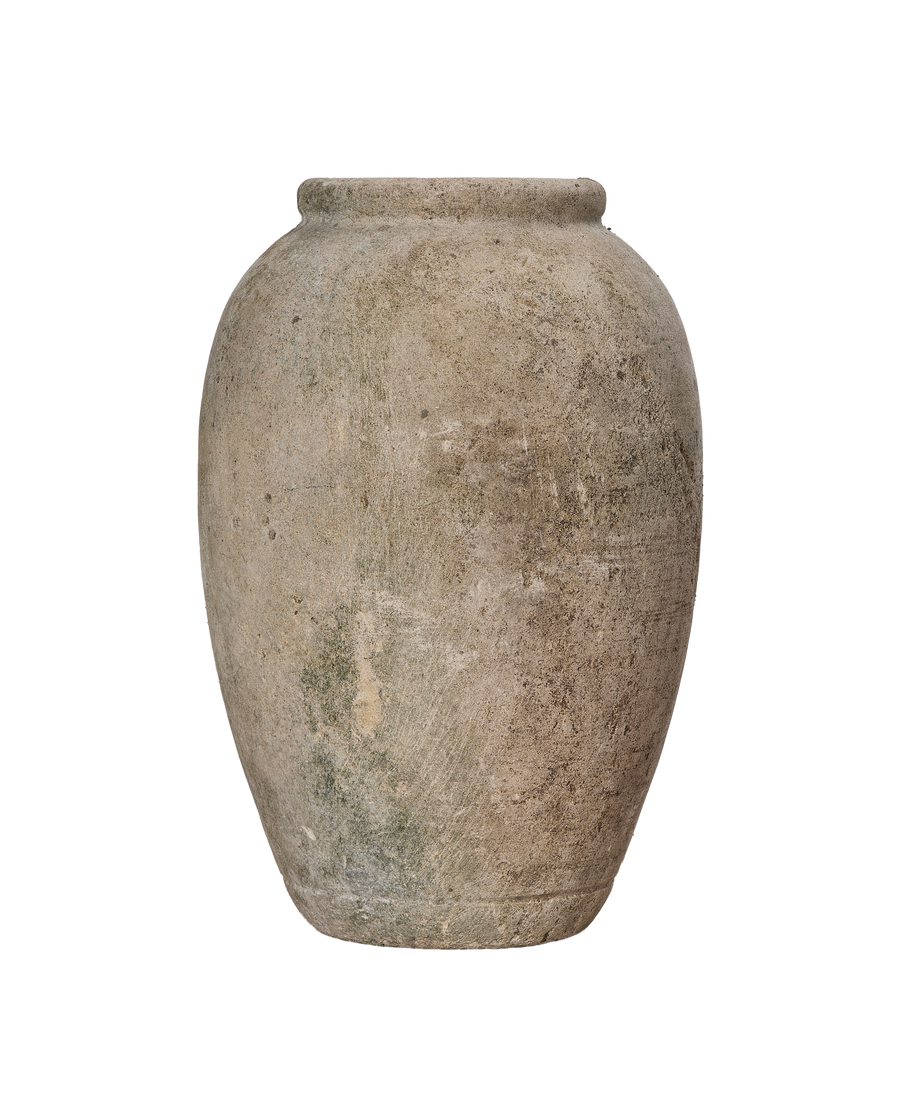 Vintage Indonesian stone vase with weathered, textured surface and mossy patina, full view.