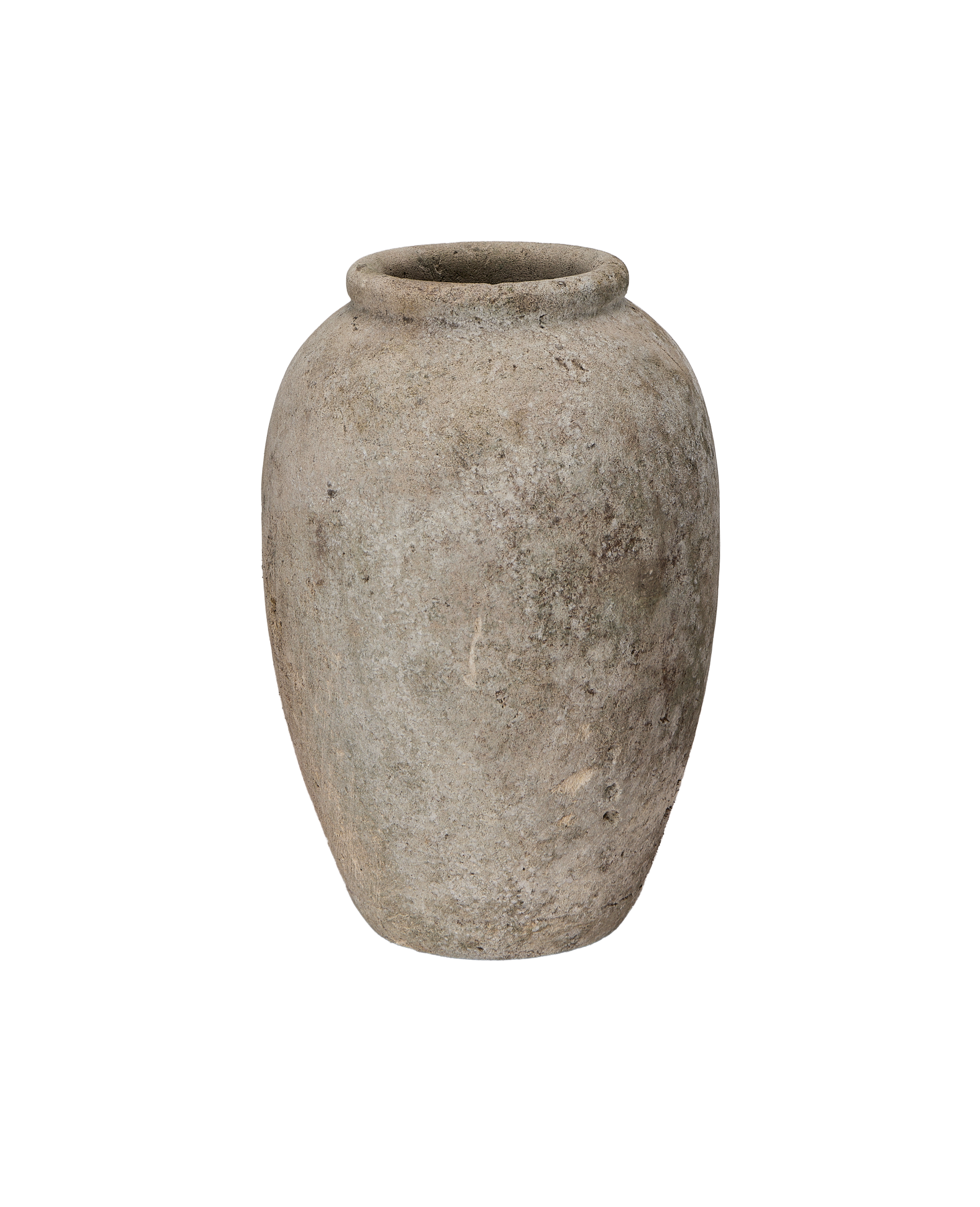 Vintage Indonesian stone vase, weathered gray texture, close-up view of full round body.