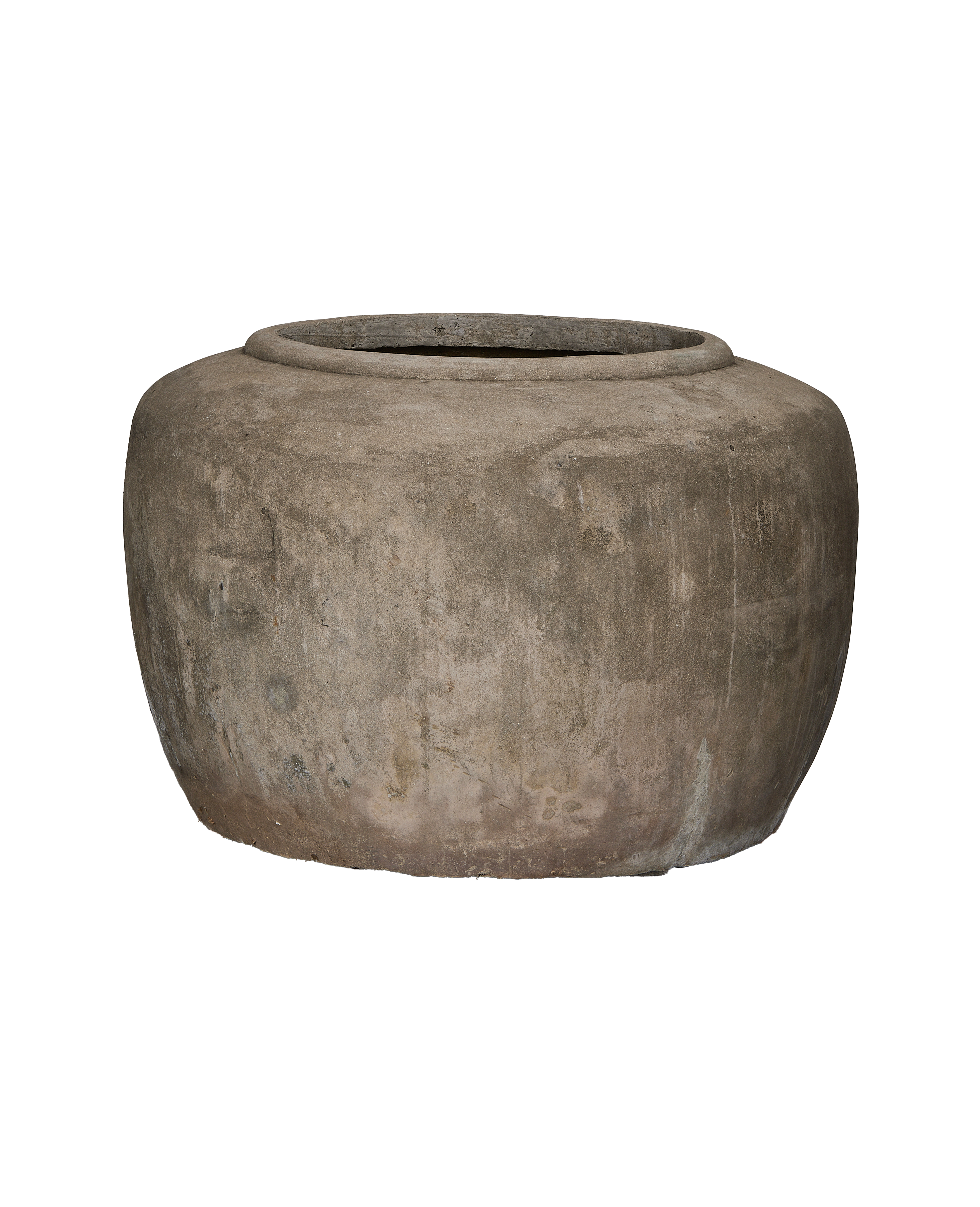 Vintage Indonesian stone pot, OAK, with textured gray finish and aged patina.