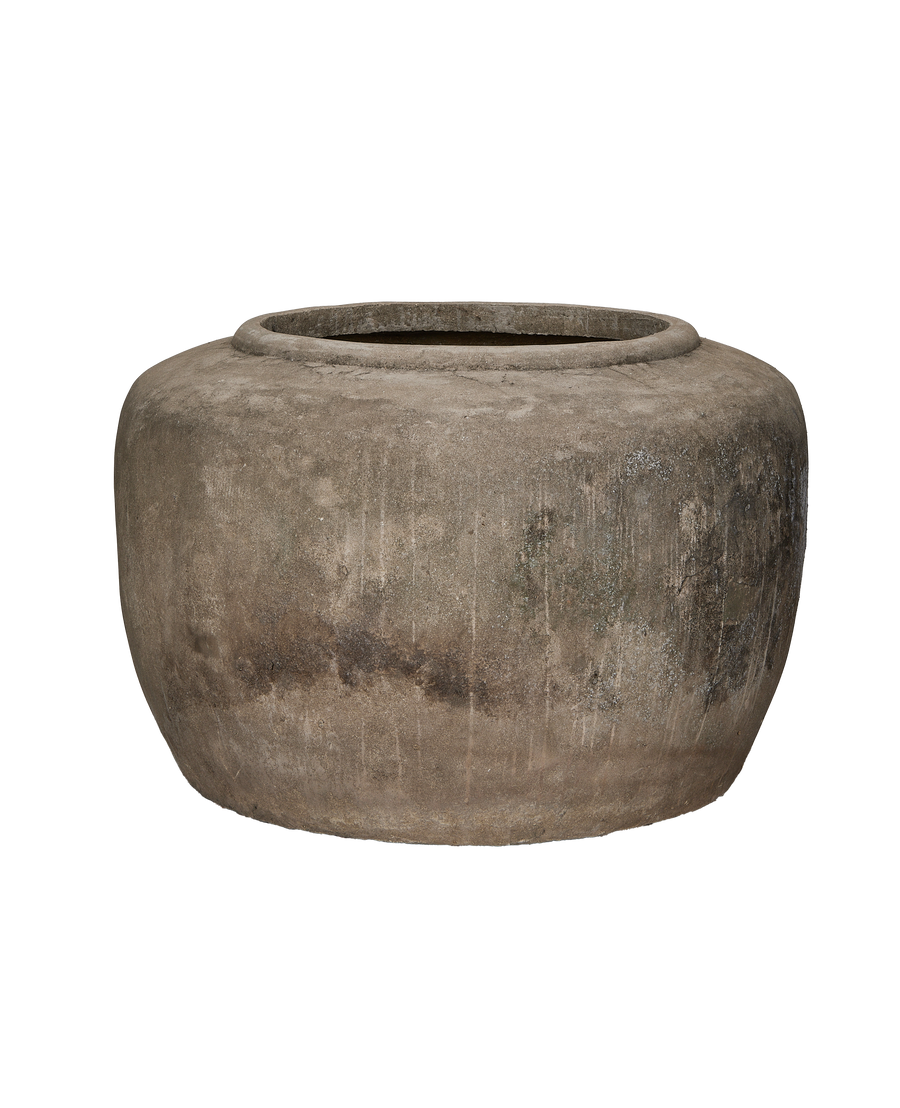 Vintage Indonesian stone pot, full view highlighting natural texture and weathered patination.