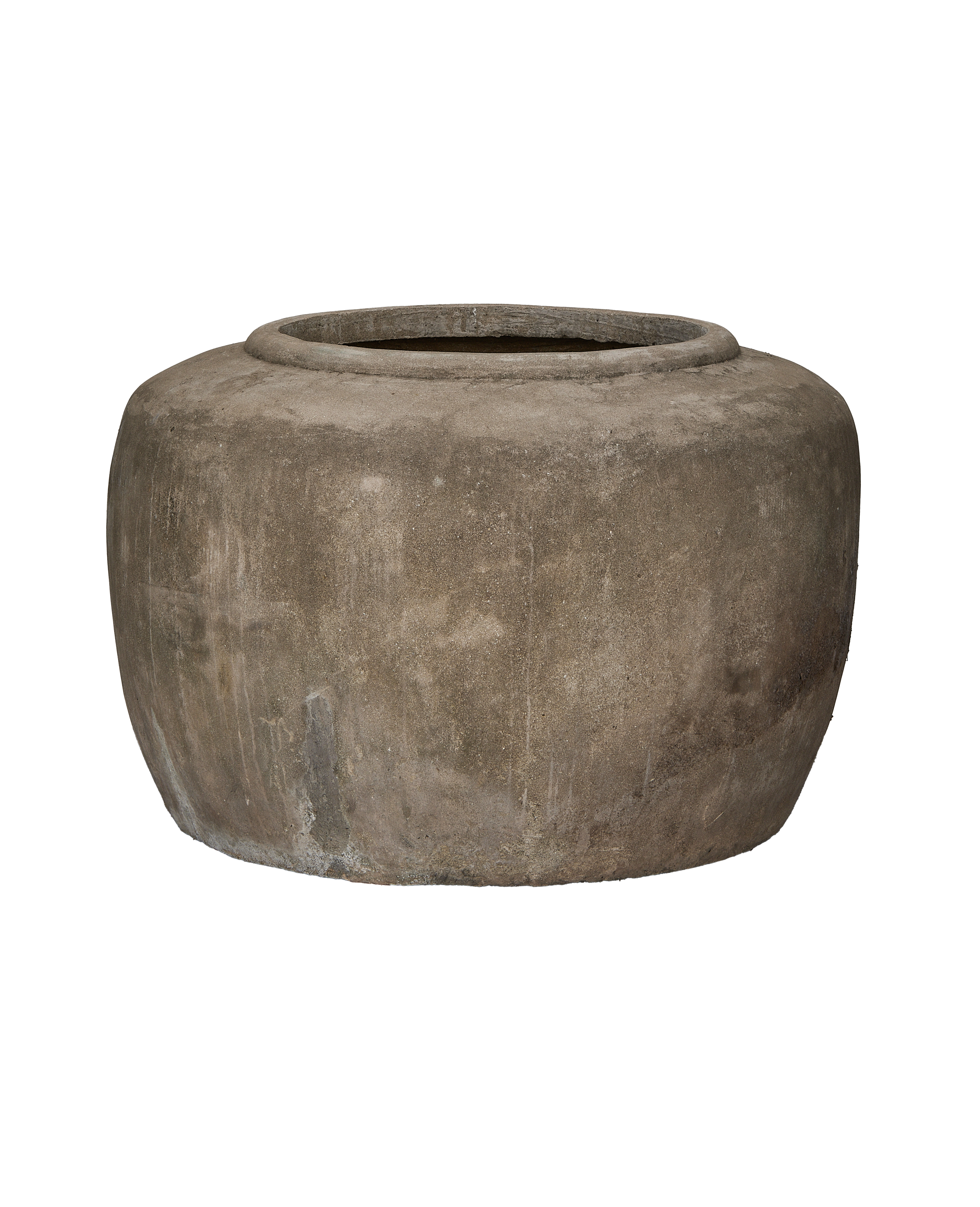 Vintage Indonesian stone pot, full front view, showing textured surface with weathering.