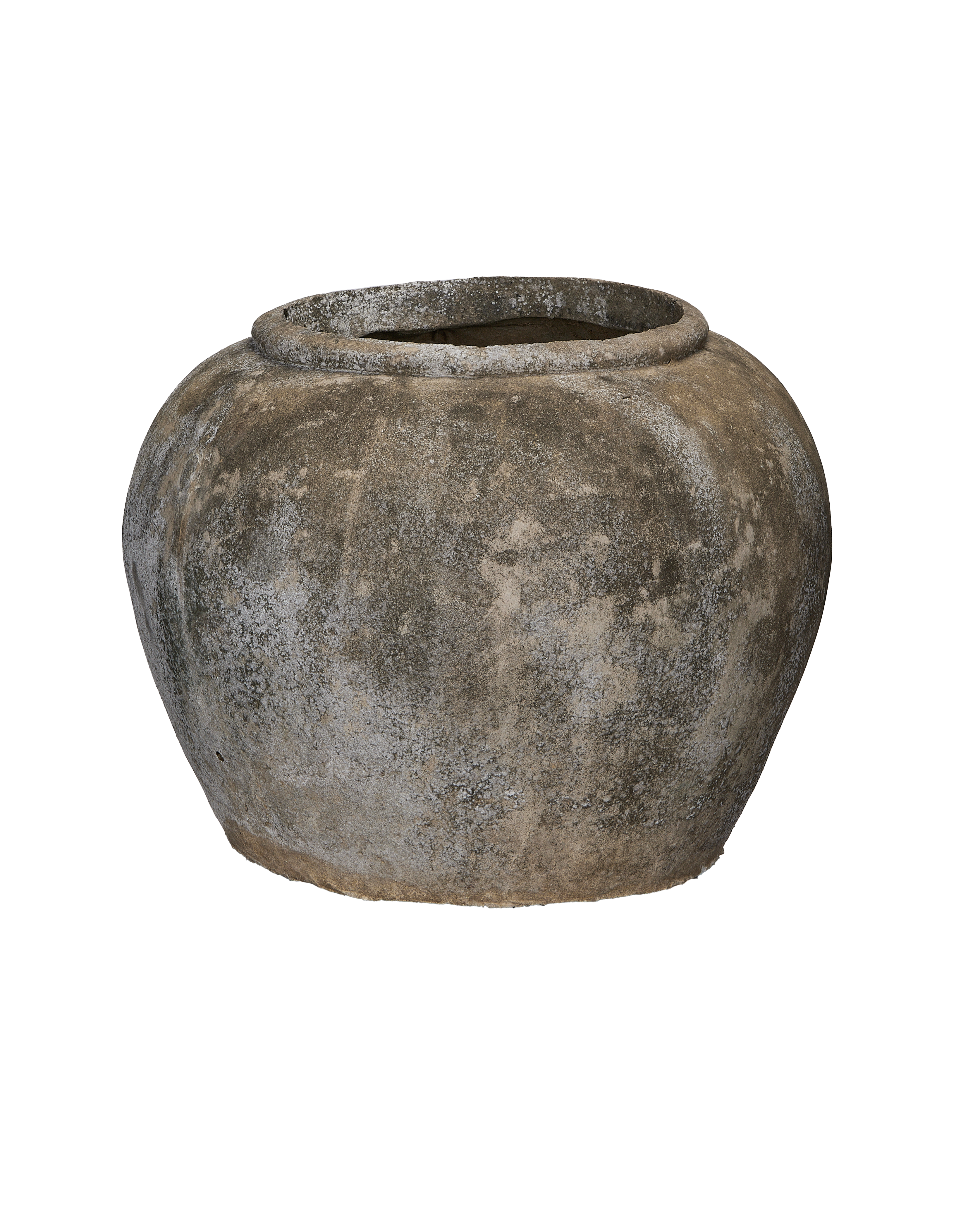 Vintage Indonesian OAK stone pot, side view, showing weathered gray-brown surface texture.