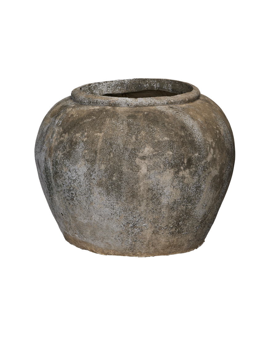 Vintage Indonesian OAK stone pot, side view, showing weathered gray-brown surface texture.
