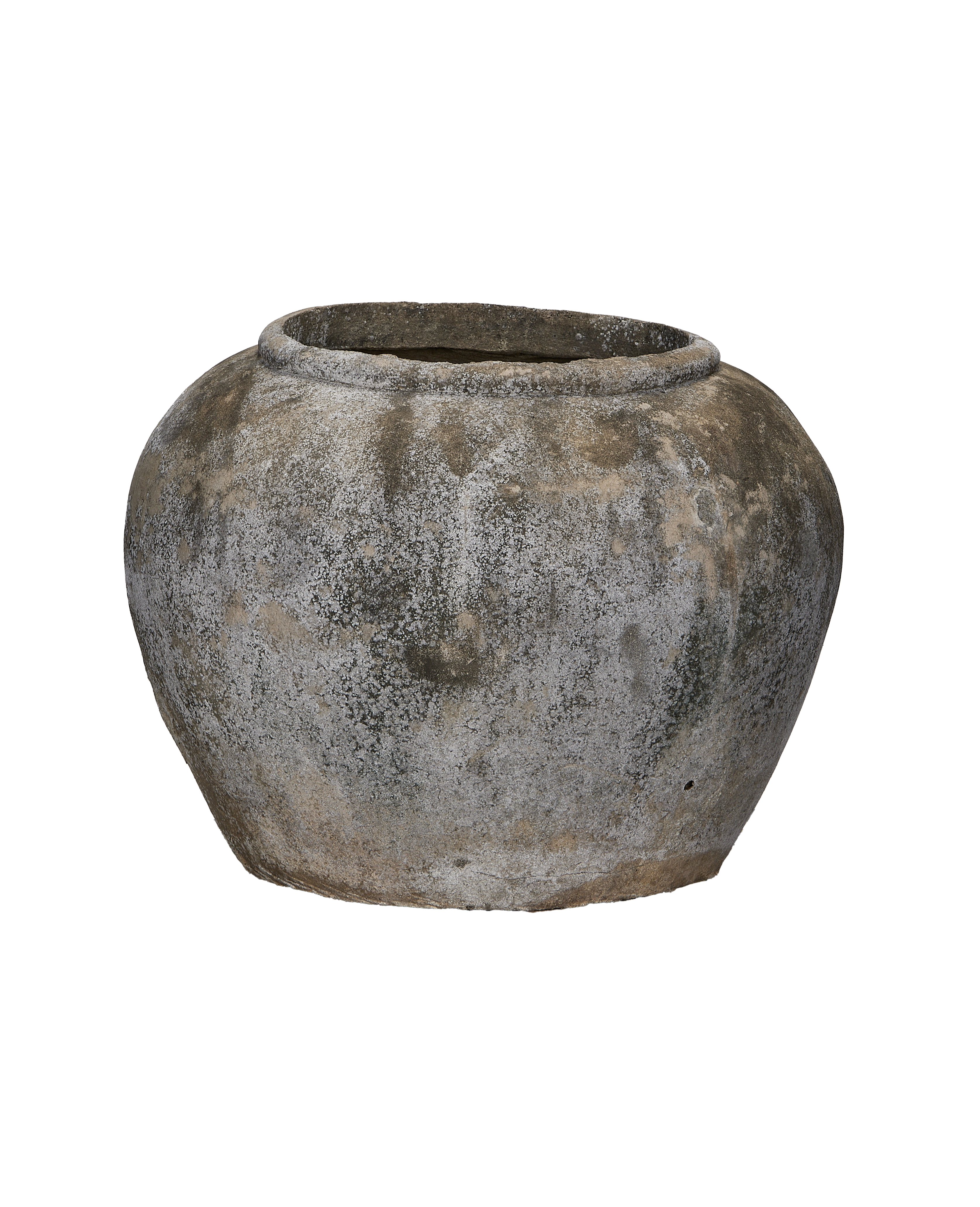 Vintage Indonesian OAK stone pot, broad side view showcasing weathered texture, gray patina.
