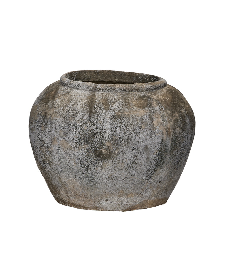 Vintage Indonesian OAK stone pot, broad side view showcasing weathered texture, gray patina.