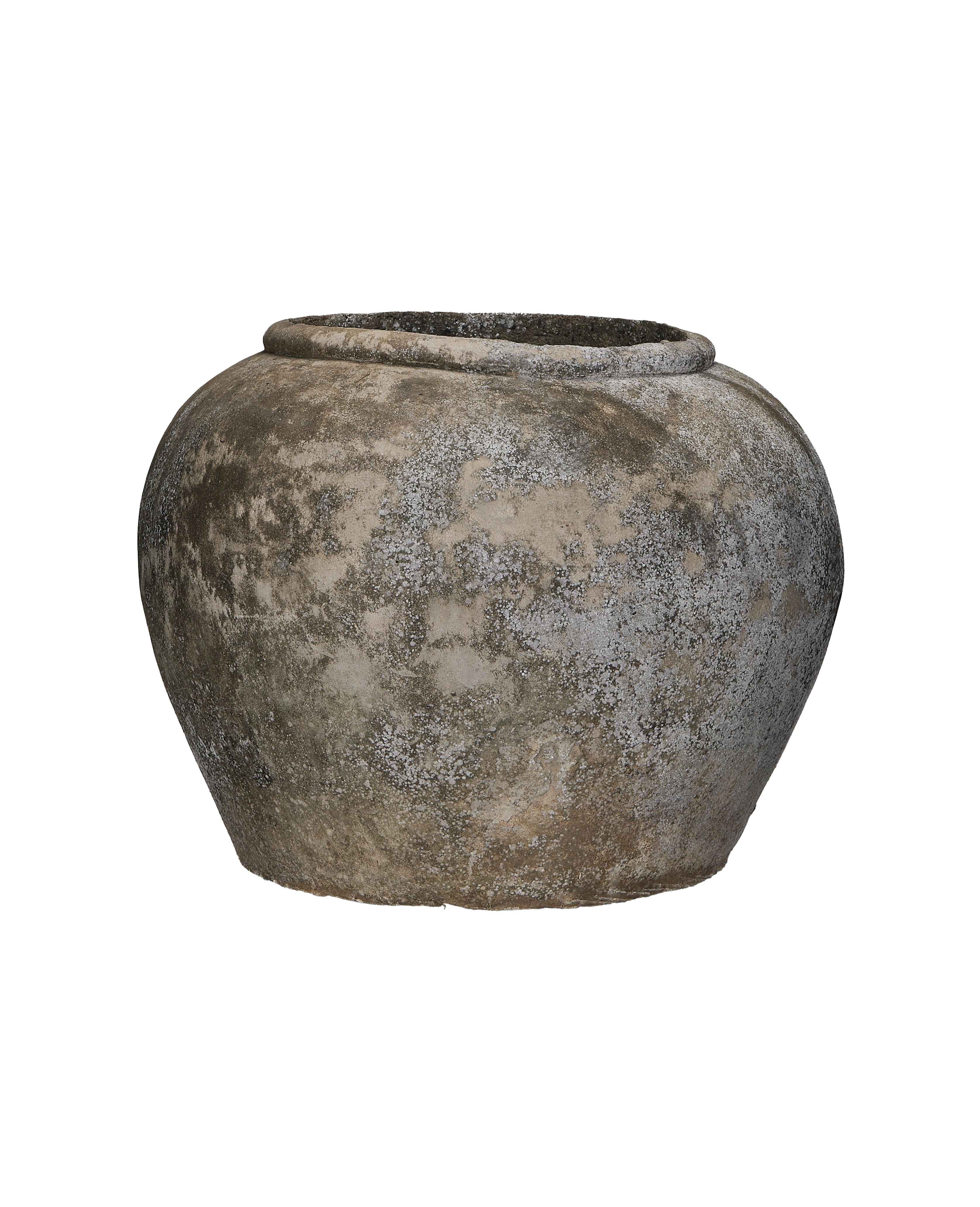 Vintage Indonesian OAK stone pot, side view, showing weathered, textured surface and rim.