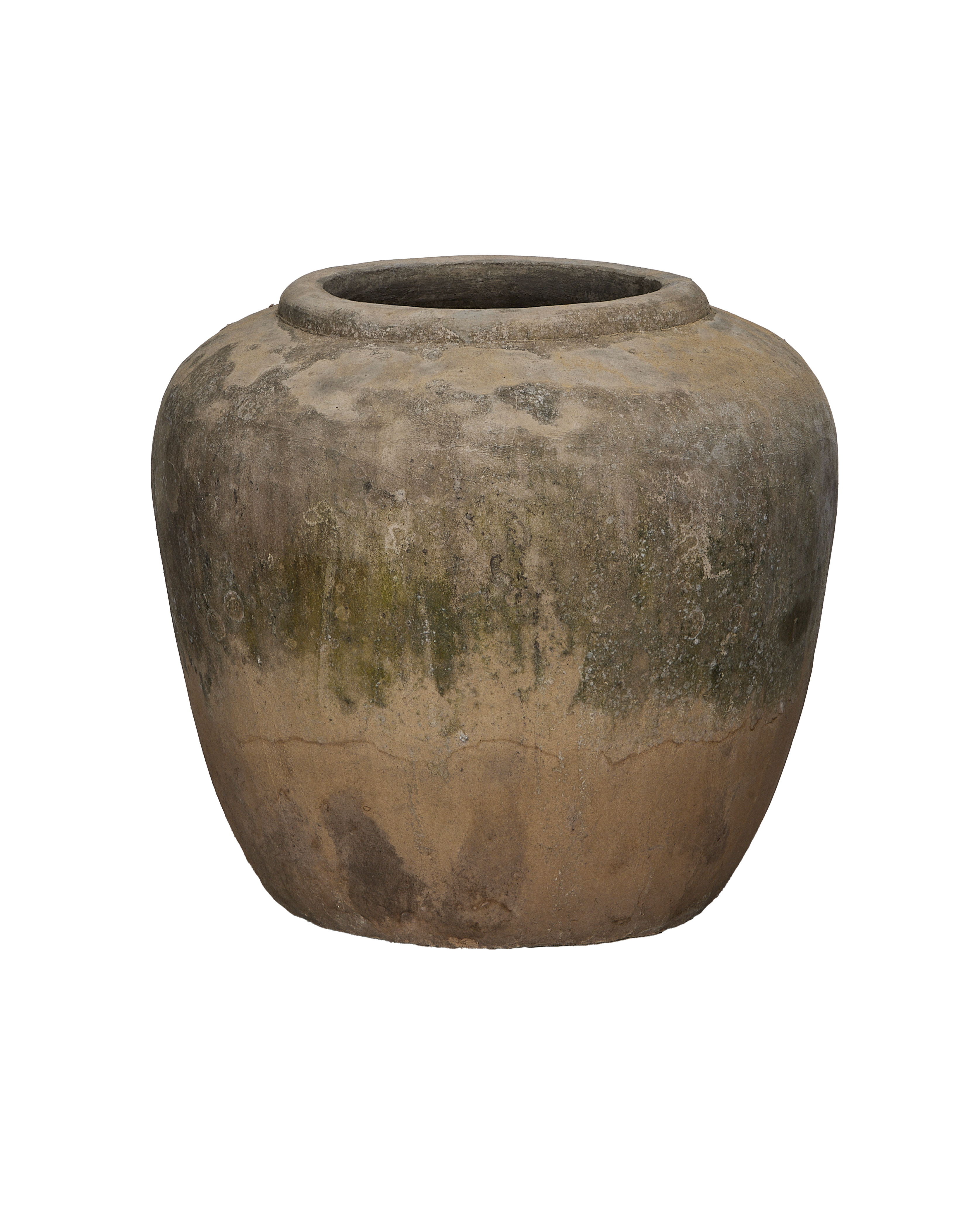 Vintage Indonesian OAK stone pot, distressed earthy texture, mossy green patina, weathered condition.