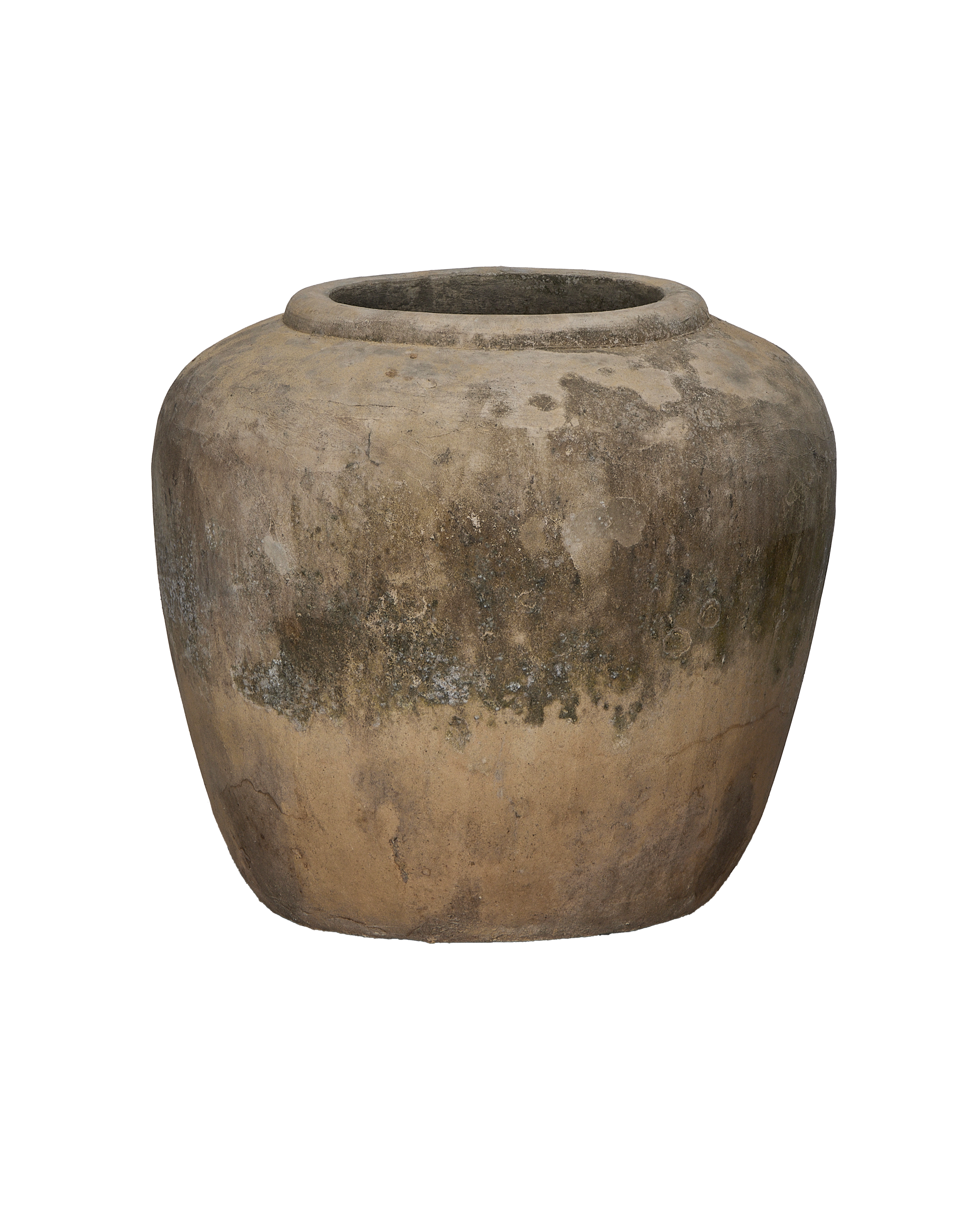 Vintage Indonesian stone pot, detailed view of mottled surface texture and rim.