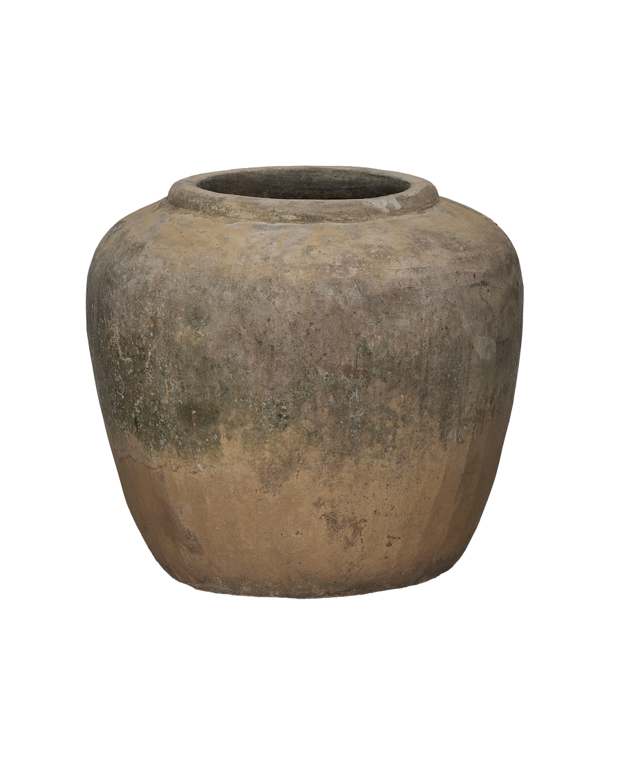 Vintage Indonesian OAK stone pot, showing varied earthy patinas from age.