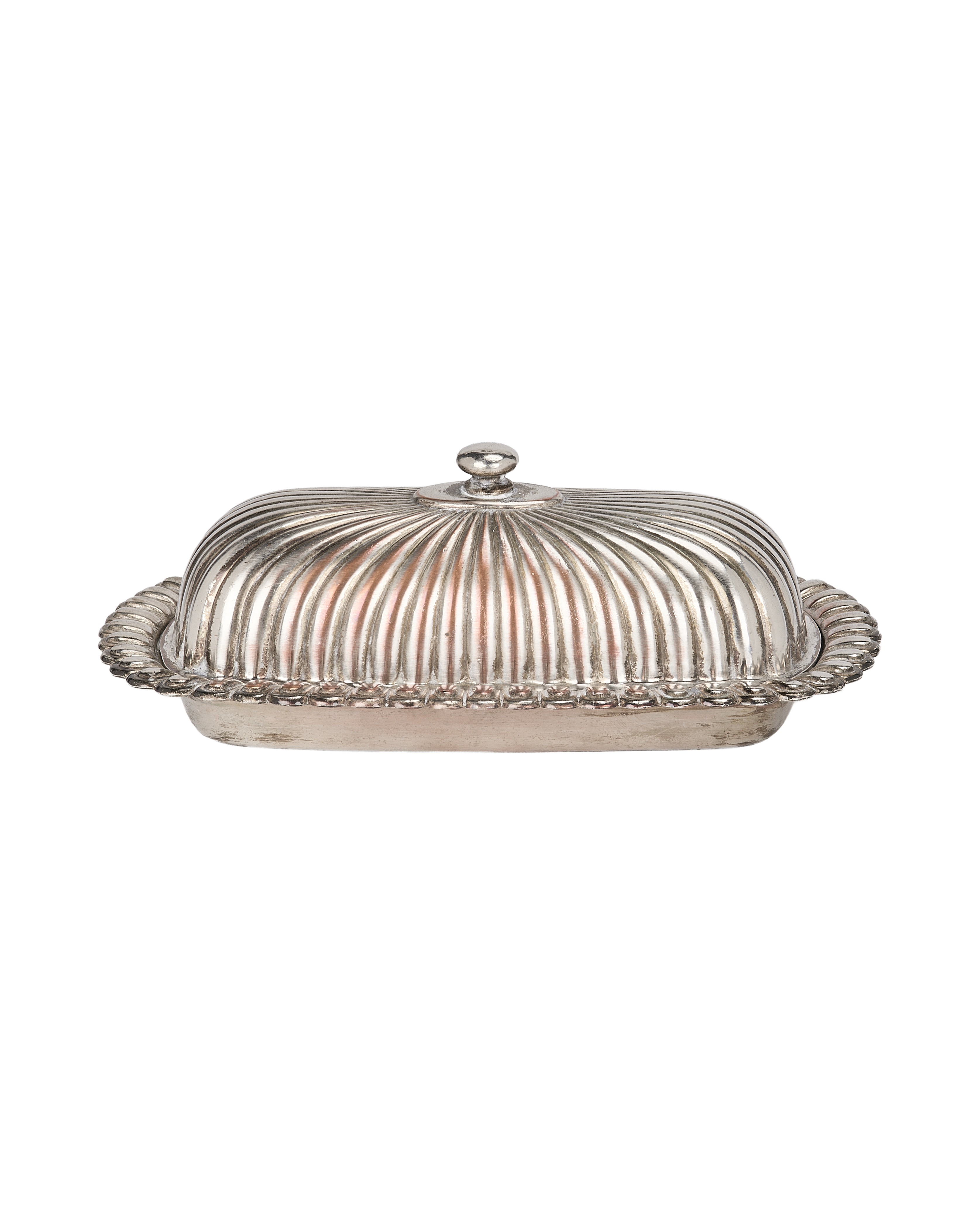 French vintage corrugated silver-plate butter dish with beaded rim, knob lid.