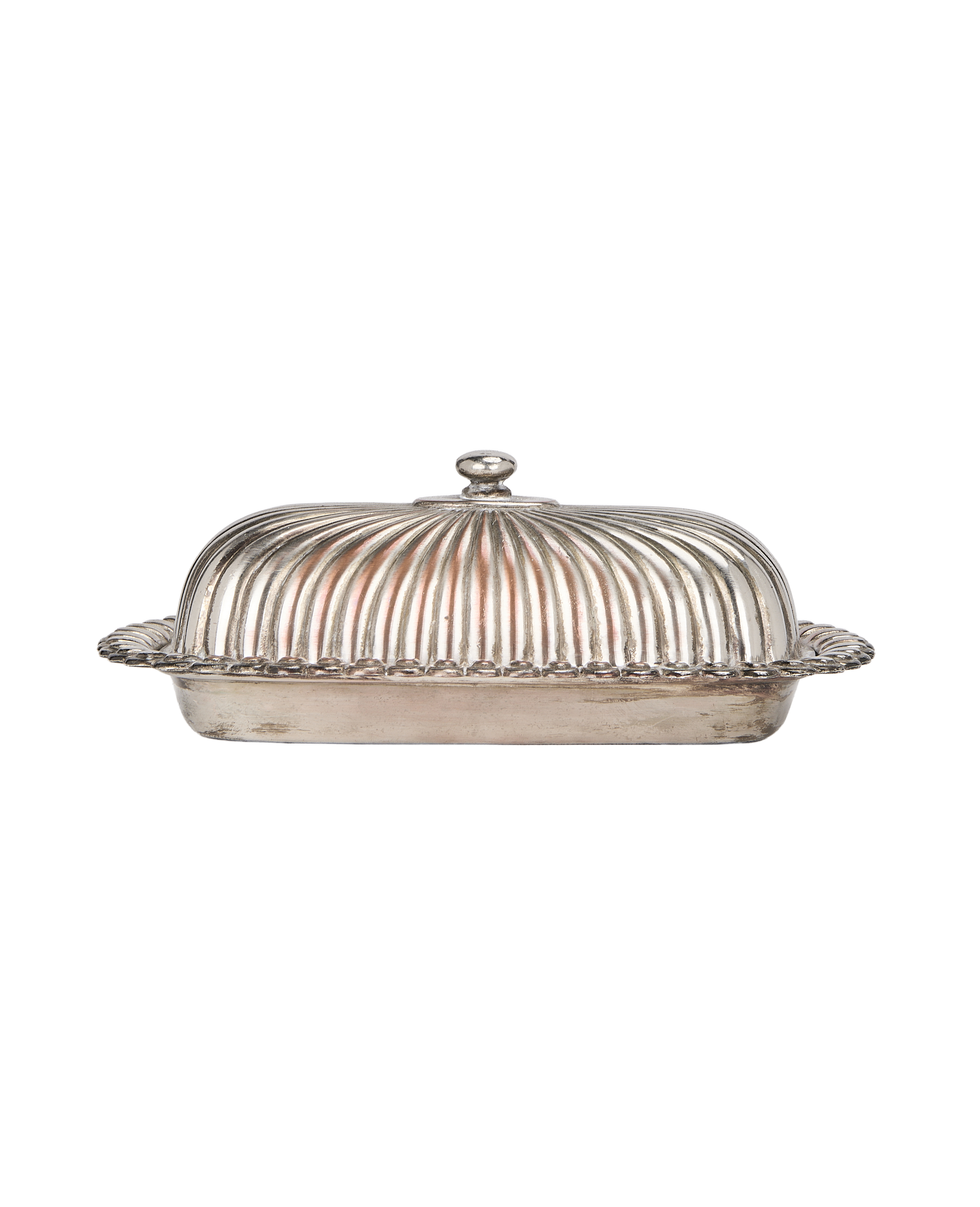 Vintage French corrugated silver butter dish, ornate rim detail, with classic knob handle, good condition.