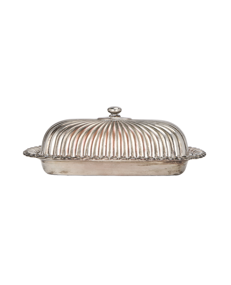 Vintage French corrugated silver butter dish, ornate rim detail, with classic knob handle, good condition.