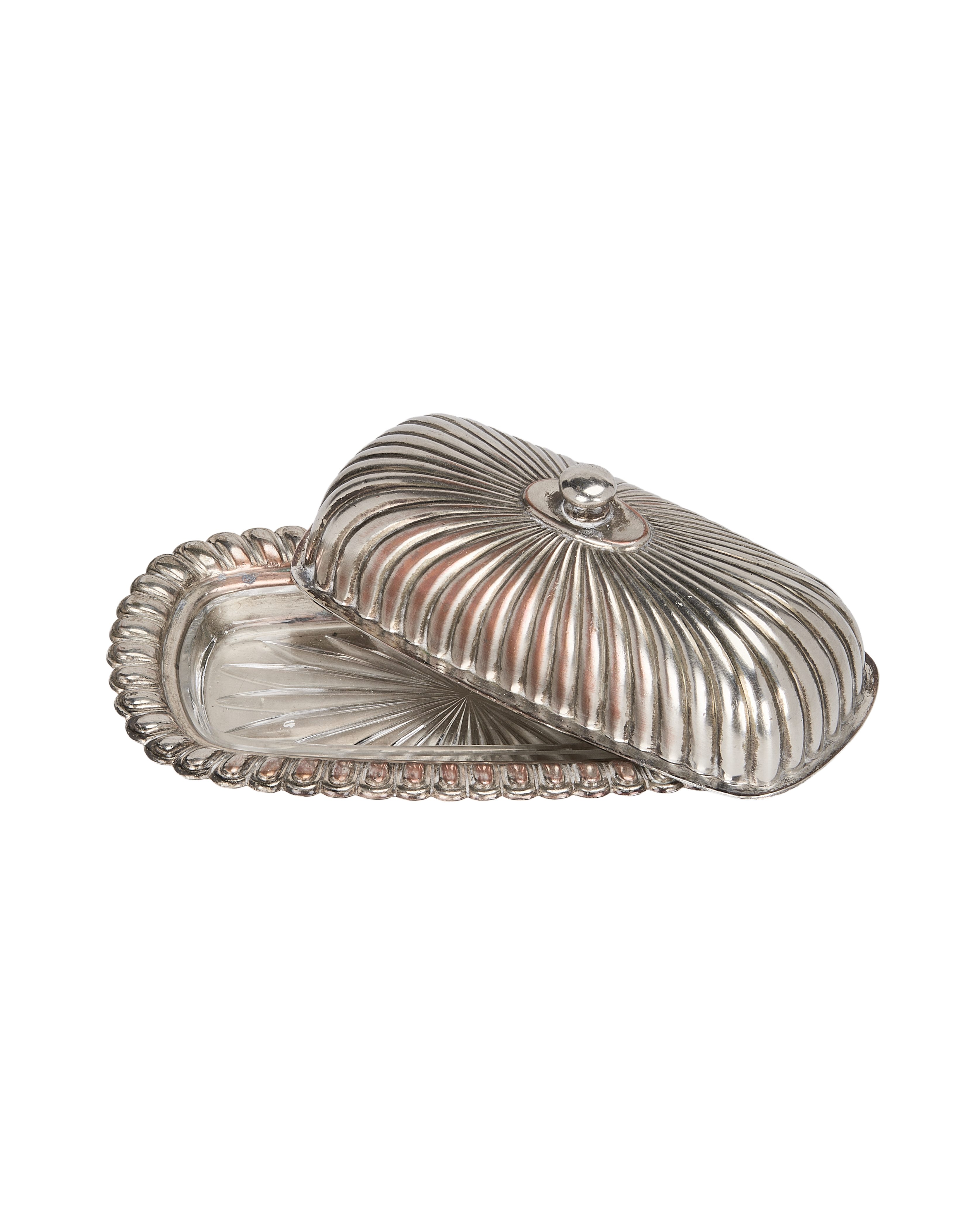 Vintage French Corrugated Oak Butter Dish and Glass Insert, partial top view.