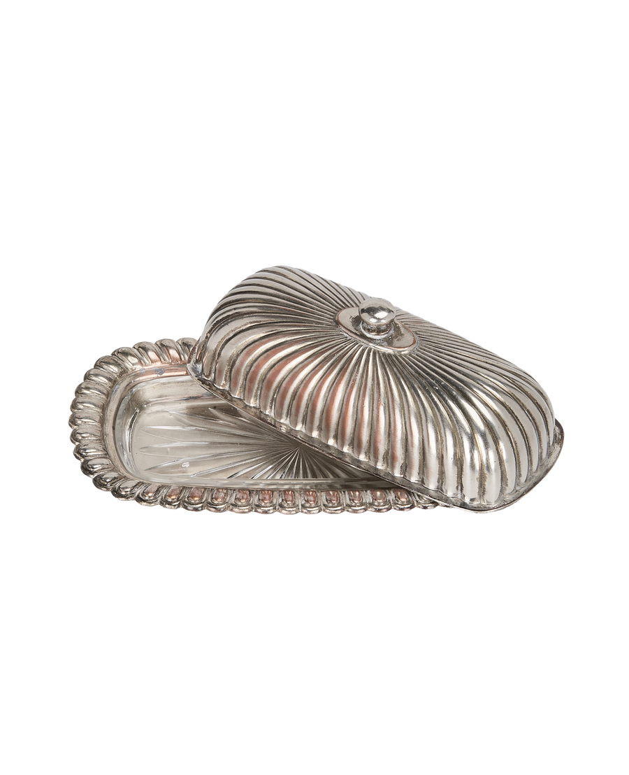 Vintage French Corrugated Oak Butter Dish and Glass Insert, partial top view.