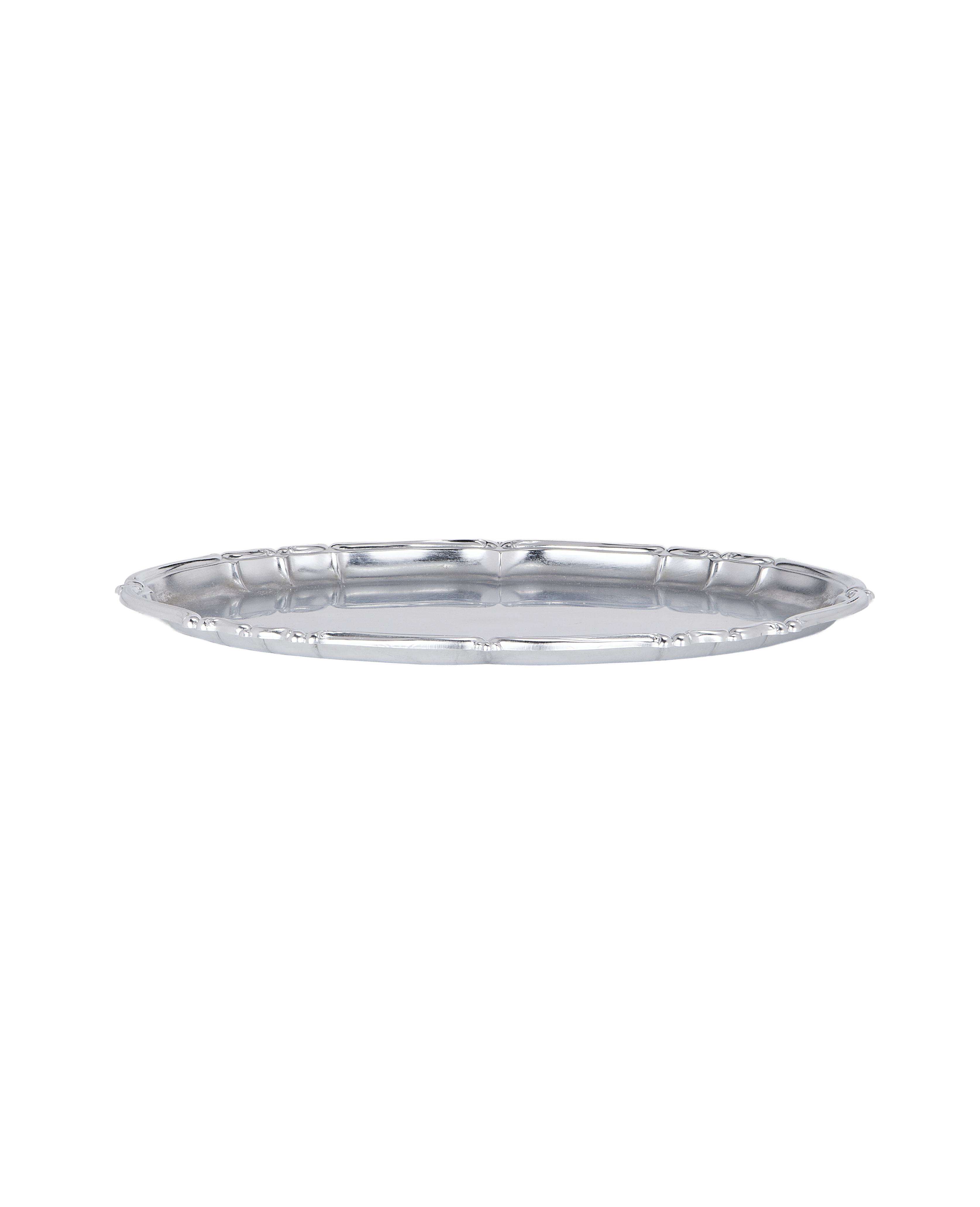 Vintage French Oak oval serveware tray, detailed side view, decorative edge.