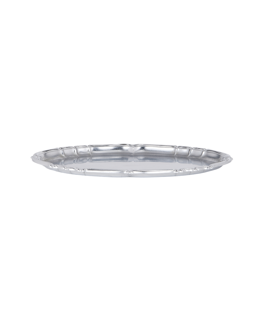 Vintage French Oak oval serveware tray, detailed side view, decorative edge.