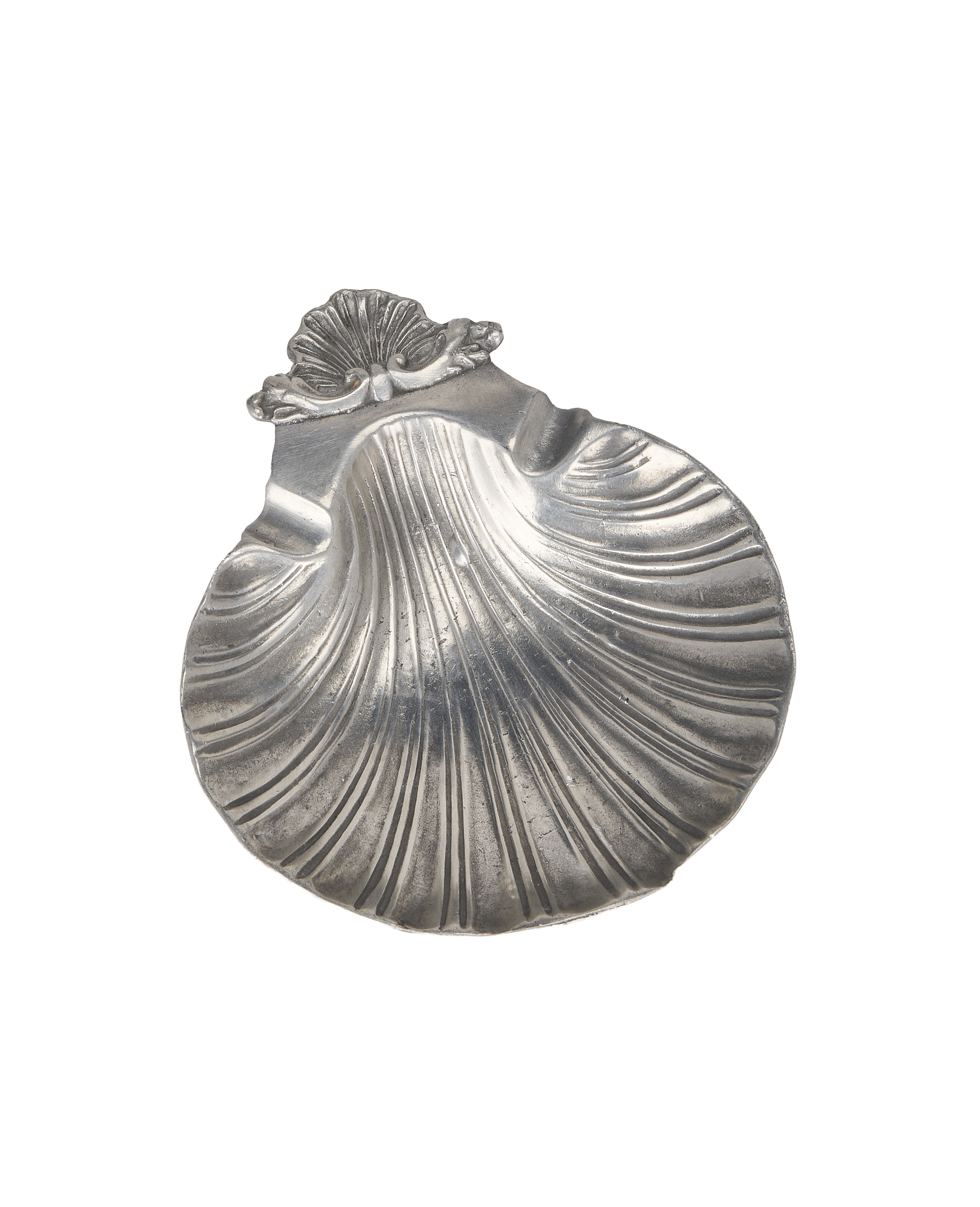 Vintage French OAK shell vide poche, detailed silvered metal, top-down view.